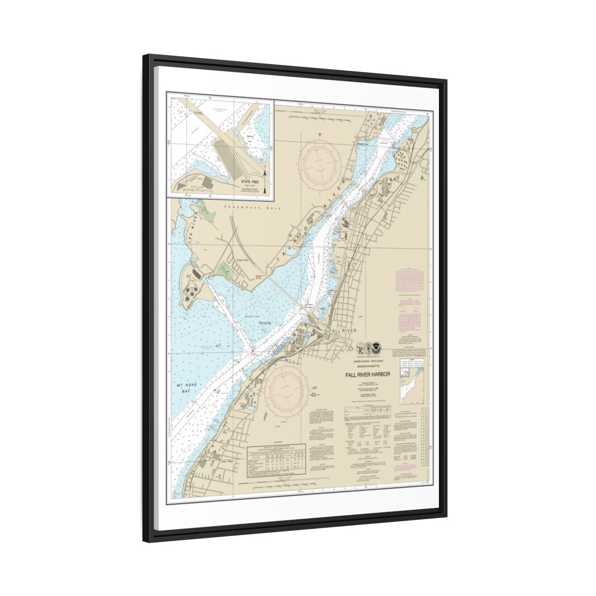 Chart 13227 Fall River Harbor;State Pier - NOAA Nautical Chart Floating Frame Canvas | 24" x 32" | 30" x 40" - Black side