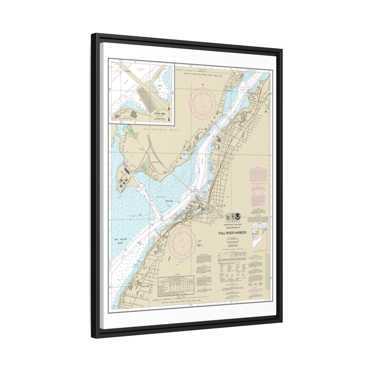 Chart 13227 Fall River Harbor;State Pier - NOAA Nautical Chart Floating Frame Canvas | 24" x 32" | 30" x 40" - Black side