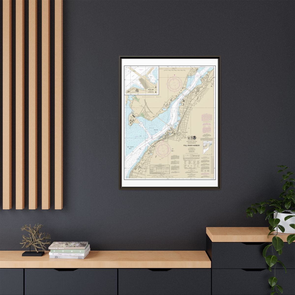 Chart 13227 Fall River Harbor;State Pier - NOAA Nautical Chart Floating Frame Canvas | 24" x 32" | 30" x 40" - Espresso context-2