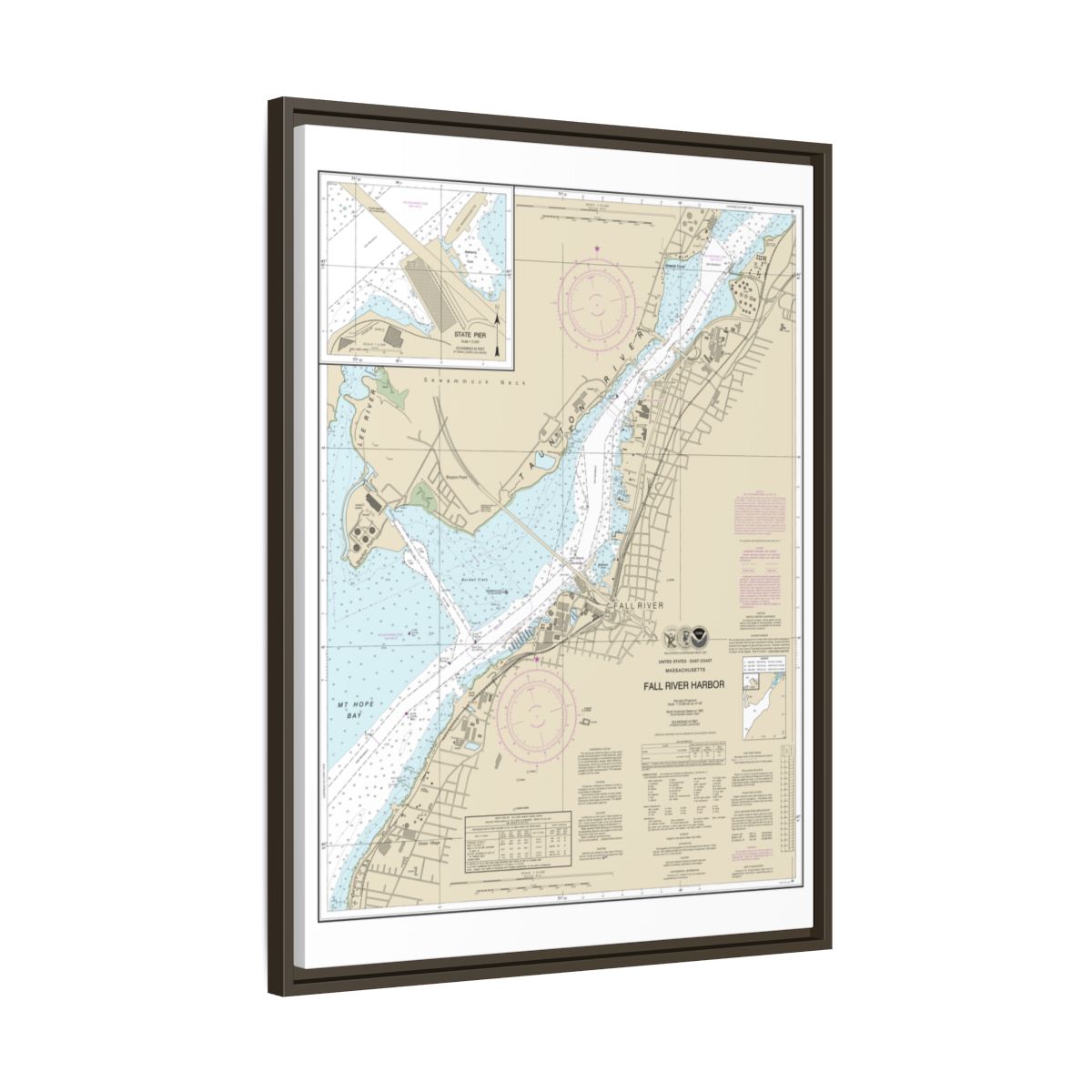 Chart 13227 Fall River Harbor;State Pier - NOAA Nautical Chart Floating Frame Canvas | 24" x 32" | 30" x 40" - Espresso side