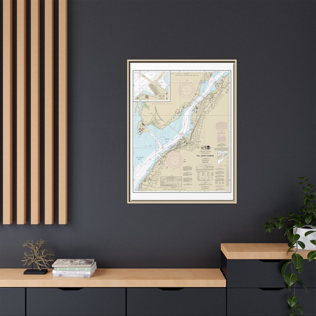 Chart 13227 Fall River Harbor;State Pier - NOAA Nautical Chart Floating Frame Canvas | 24" x 32" | 30" x 40" - Natural context-2