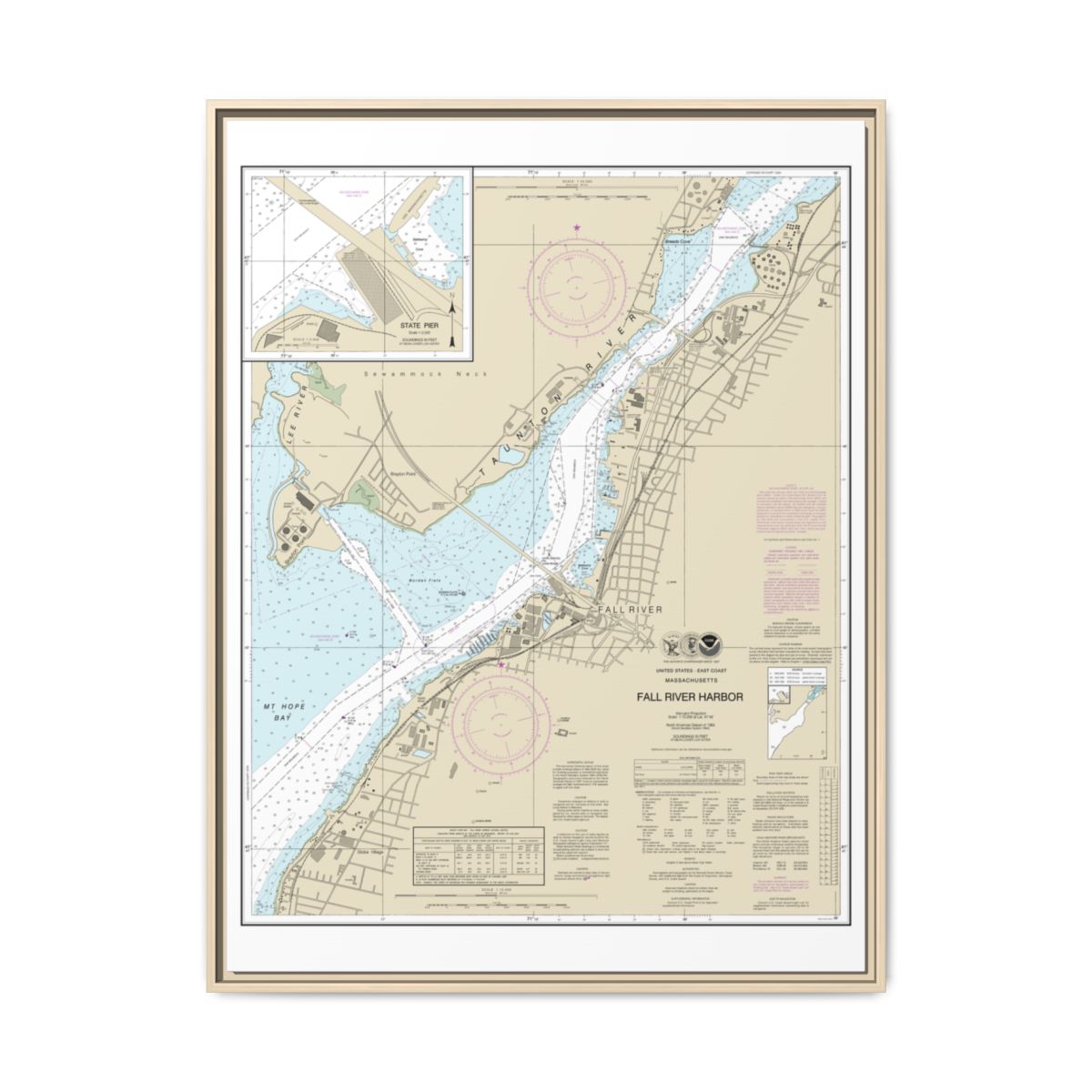 Chart 13227 Fall River Harbor;State Pier - NOAA Nautical Chart Floating Frame Canvas | 24" x 32" | 30" x 40" - Natural front