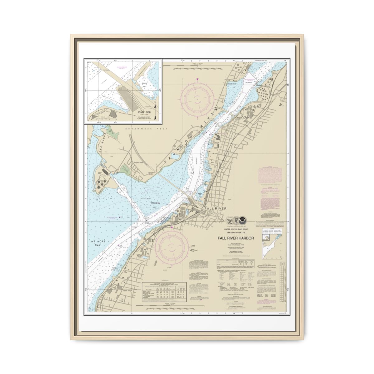 Chart 13227 Fall River Harbor;State Pier - NOAA Nautical Chart Floating Frame Canvas | 24" x 32" | 30" x 40" - Natural front