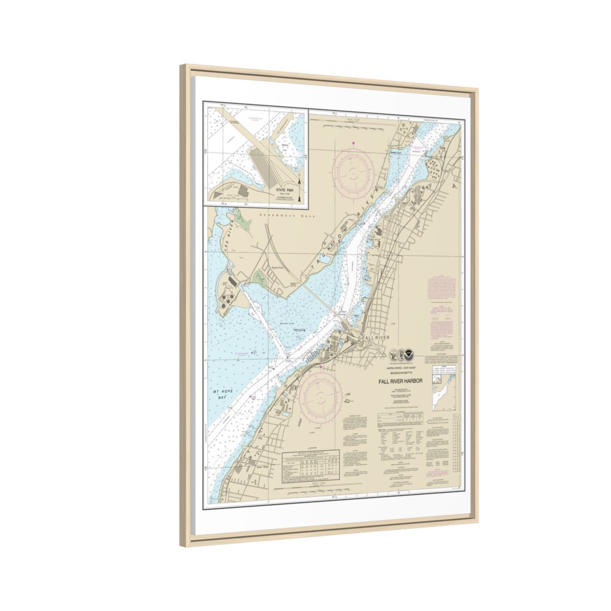 Chart 13227 Fall River Harbor;State Pier - NOAA Nautical Chart Floating Frame Canvas | 24" x 32" | 30" x 40" - Natural side