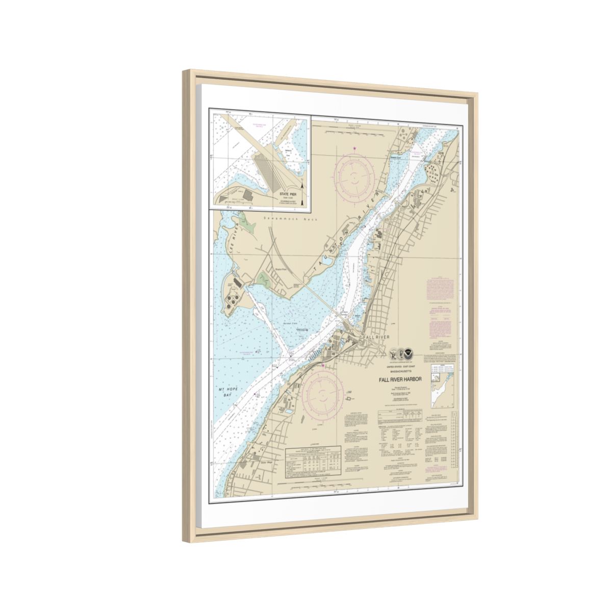 Chart 13227 Fall River Harbor;State Pier - NOAA Nautical Chart Floating Frame Canvas | 24" x 32" | 30" x 40" - Natural side