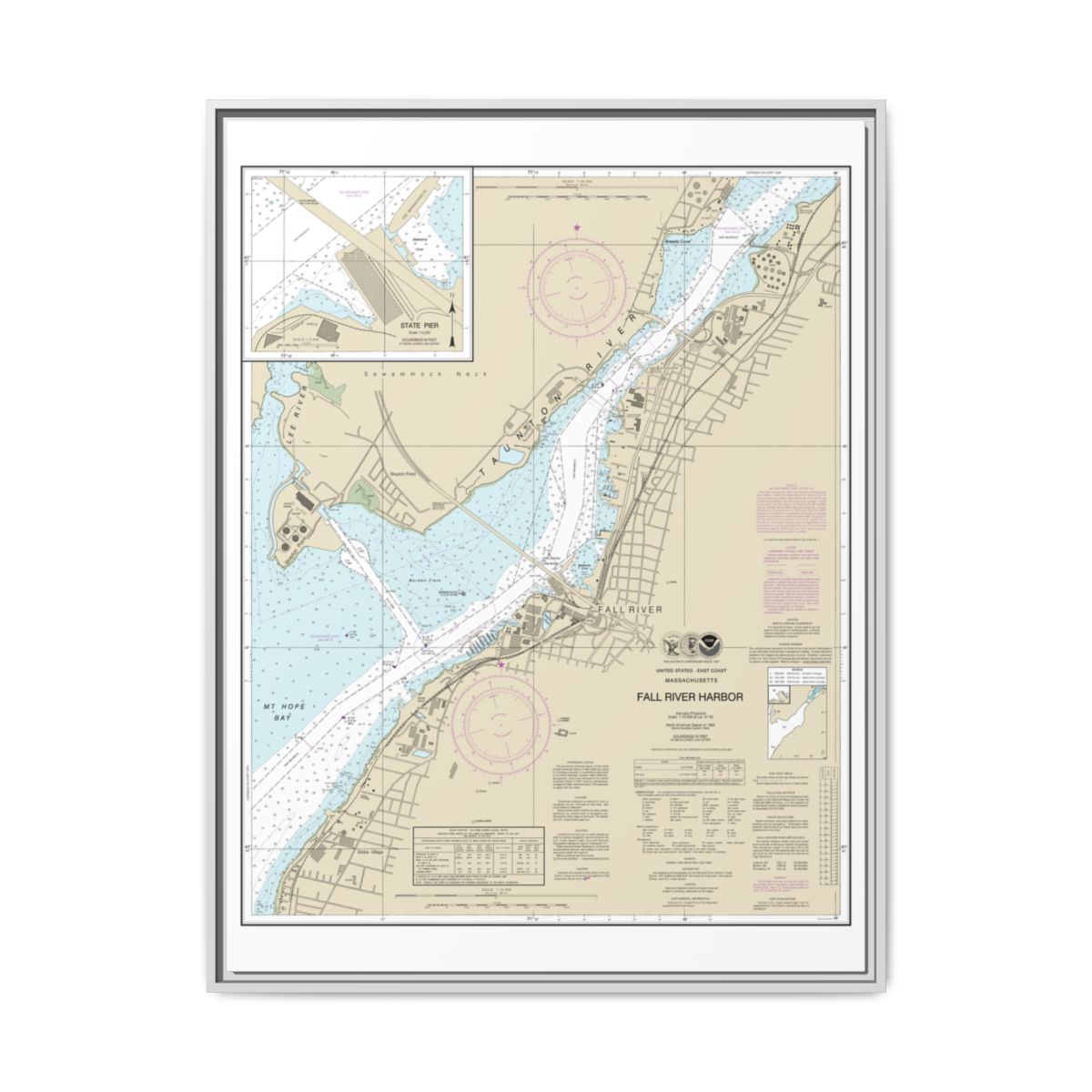 Chart 13227 Fall River Harbor;State Pier - NOAA Nautical Chart Floating Frame Canvas | 24" x 32" | 30" x 40" - White front