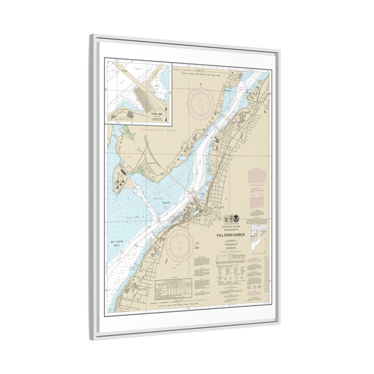 Chart 13227 Fall River Harbor;State Pier - NOAA Nautical Chart Floating Frame Canvas | 24" x 32" | 30" x 40" - White side