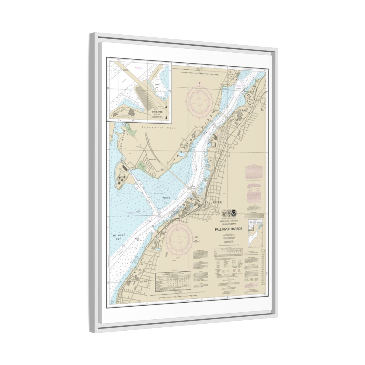 Chart 13227 Fall River Harbor;State Pier - NOAA Nautical Chart Floating Frame Canvas | 24" x 32" | 30" x 40" - White side