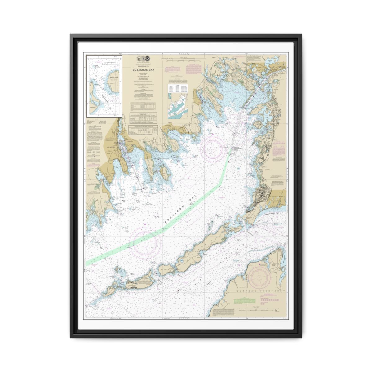 Chart 13230 Buzzards Bay; Quicks Hole - NOAA Nautical Chart Floating Frame Canvas | 24" x 32" | 30" x 40" - Black front