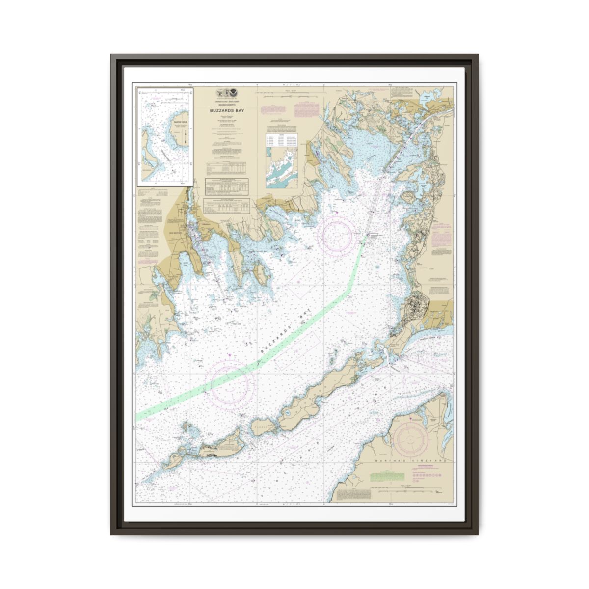 Chart 13230 Buzzards Bay; Quicks Hole - NOAA Nautical Chart Floating Frame Canvas | 24" x 32" | 30" x 40" - Espresso front