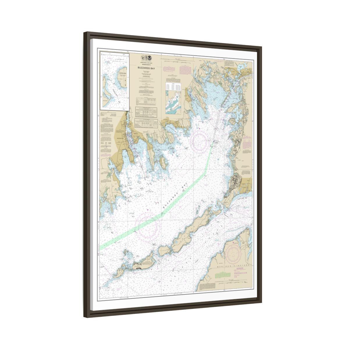 Chart 13230 Buzzards Bay; Quicks Hole - NOAA Nautical Chart Floating Frame Canvas | 24" x 32" | 30" x 40" - Espresso side