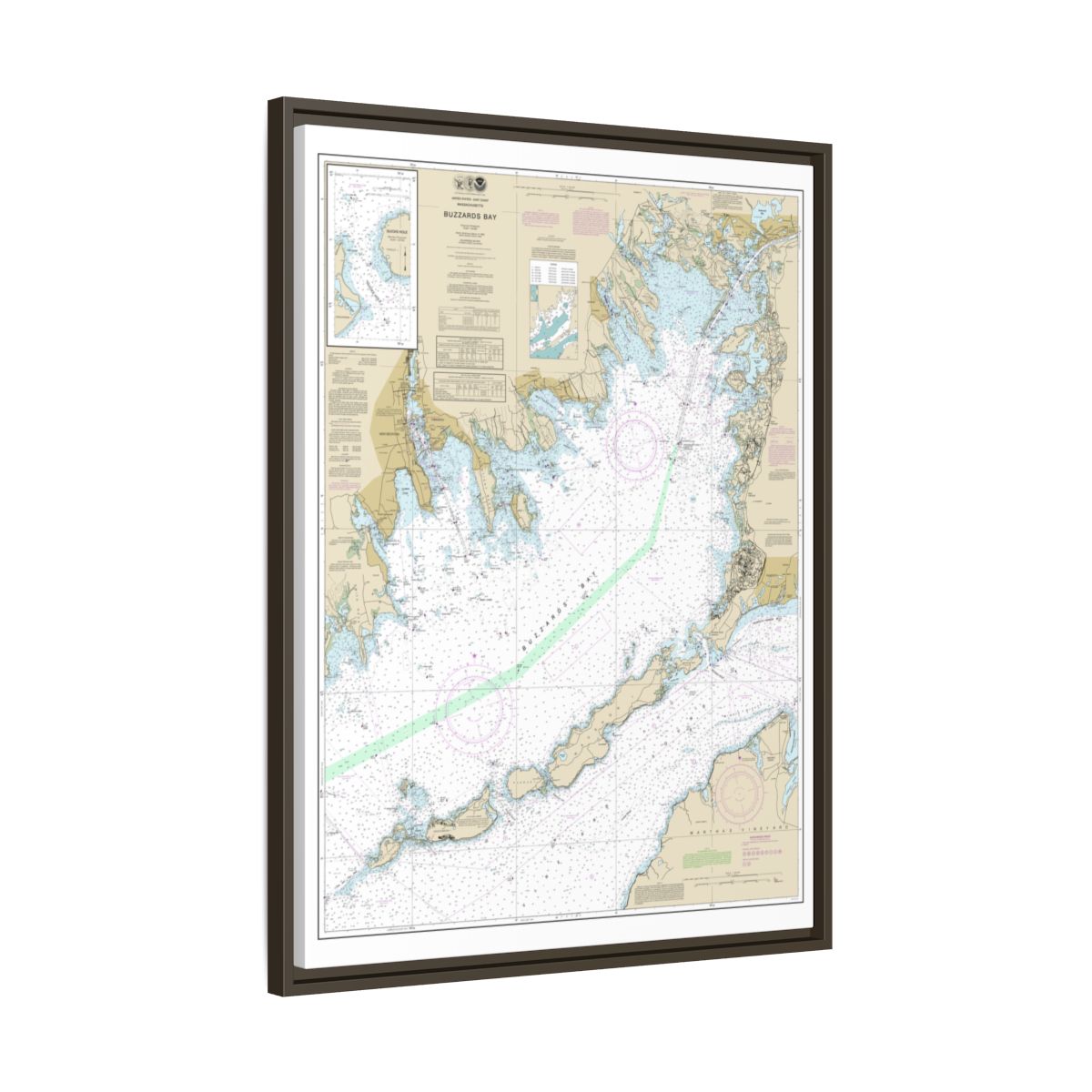 Chart 13230 Buzzards Bay; Quicks Hole - NOAA Nautical Chart Floating Frame Canvas | 24" x 32" | 30" x 40" - Espresso side