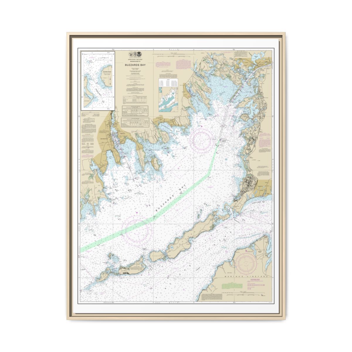 Chart 13230 Buzzards Bay; Quicks Hole - NOAA Nautical Chart Floating Frame Canvas | 24" x 32" | 30" x 40" - Natural front