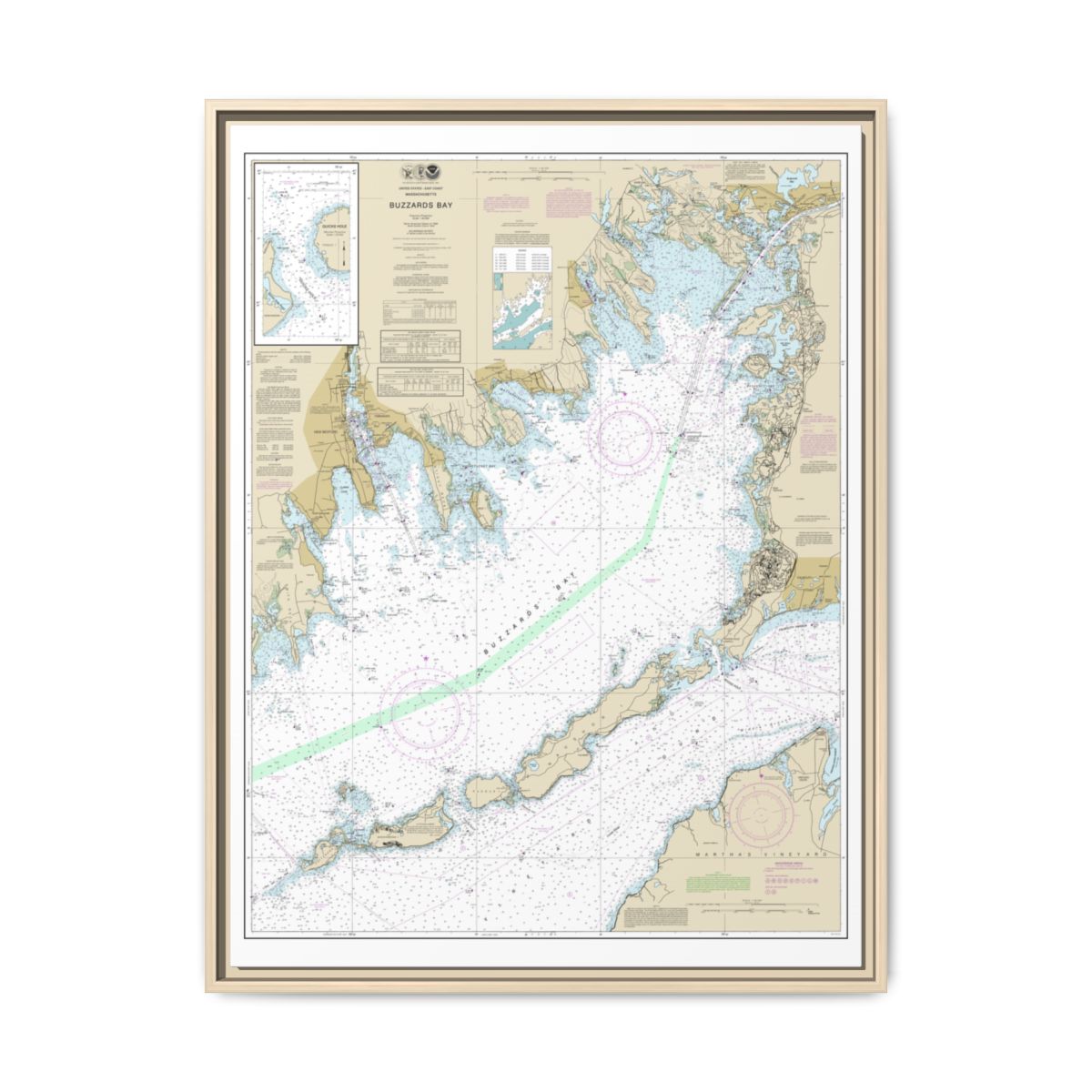 Chart 13230 Buzzards Bay; Quicks Hole - NOAA Nautical Chart Floating Frame Canvas | 24" x 32" | 30" x 40" - Natural front