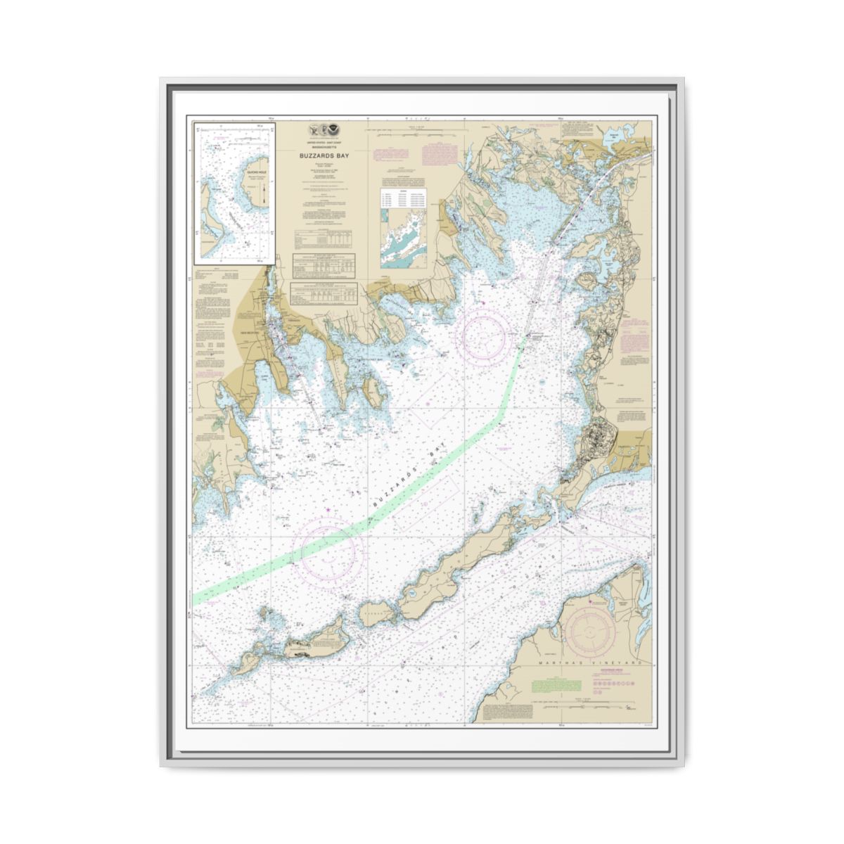 Chart 13230 Buzzards Bay; Quicks Hole - NOAA Nautical Chart Floating Frame Canvas | 24" x 32" | 30" x 40" - White front
