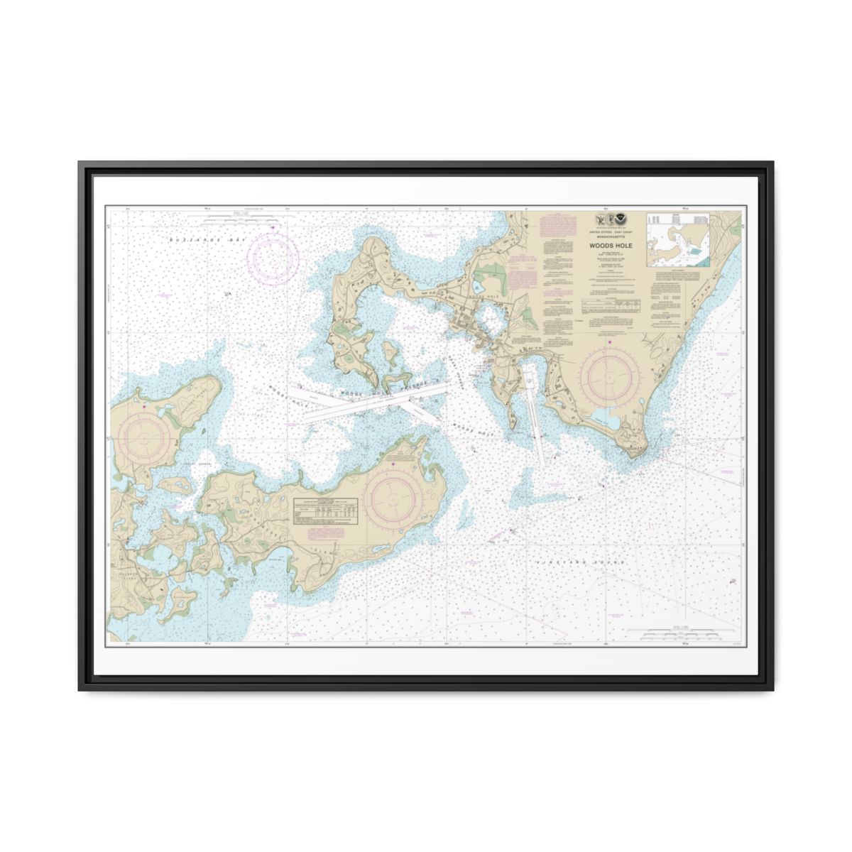 Chart 13235 Woods Hole - NOAA Nautical Chart Floating Frame Canvas | 32" x 24" | 40" x 30" - Black front
