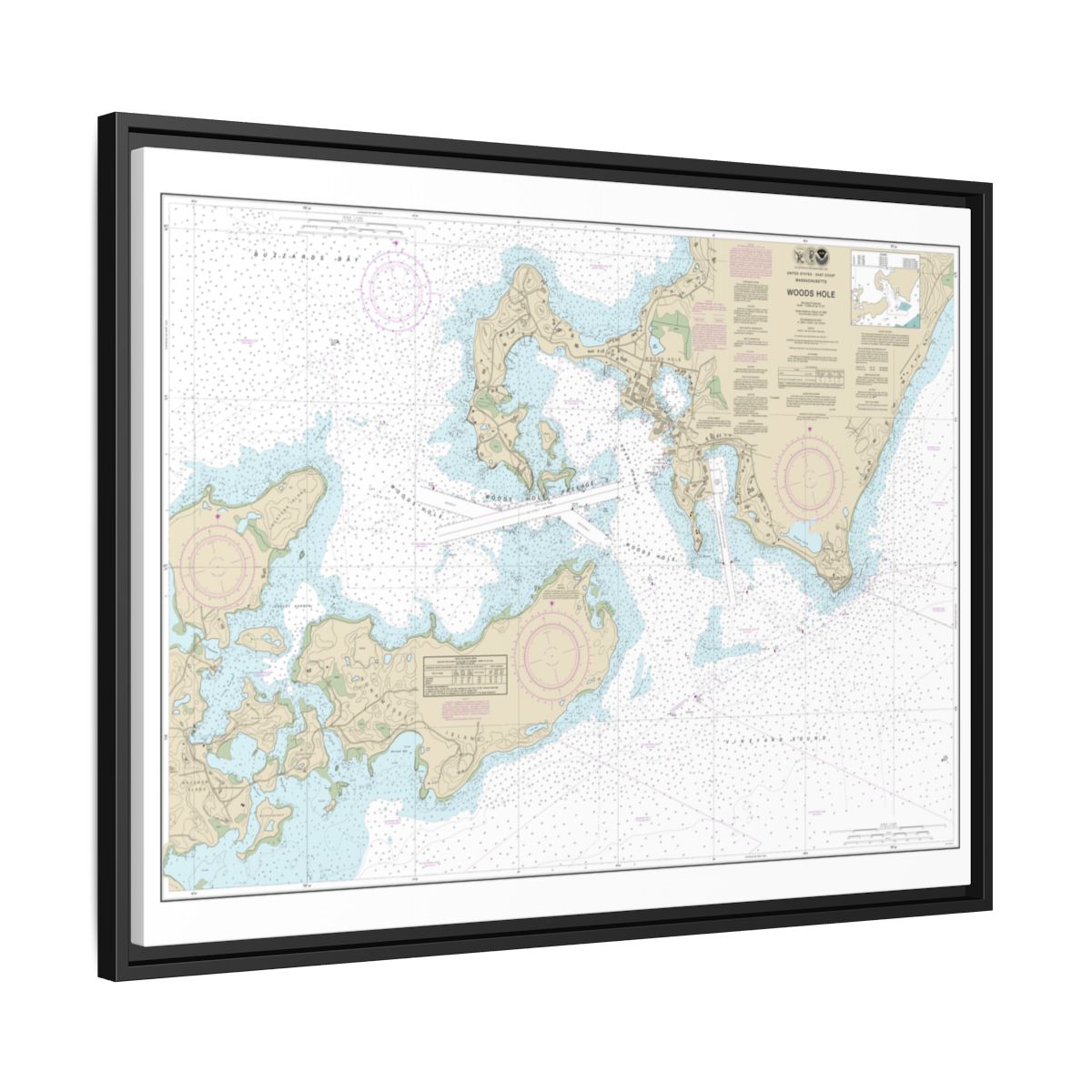 Chart 13235 Woods Hole - NOAA Nautical Chart Floating Frame Canvas | 32" x 24" | 40" x 30" - Black side