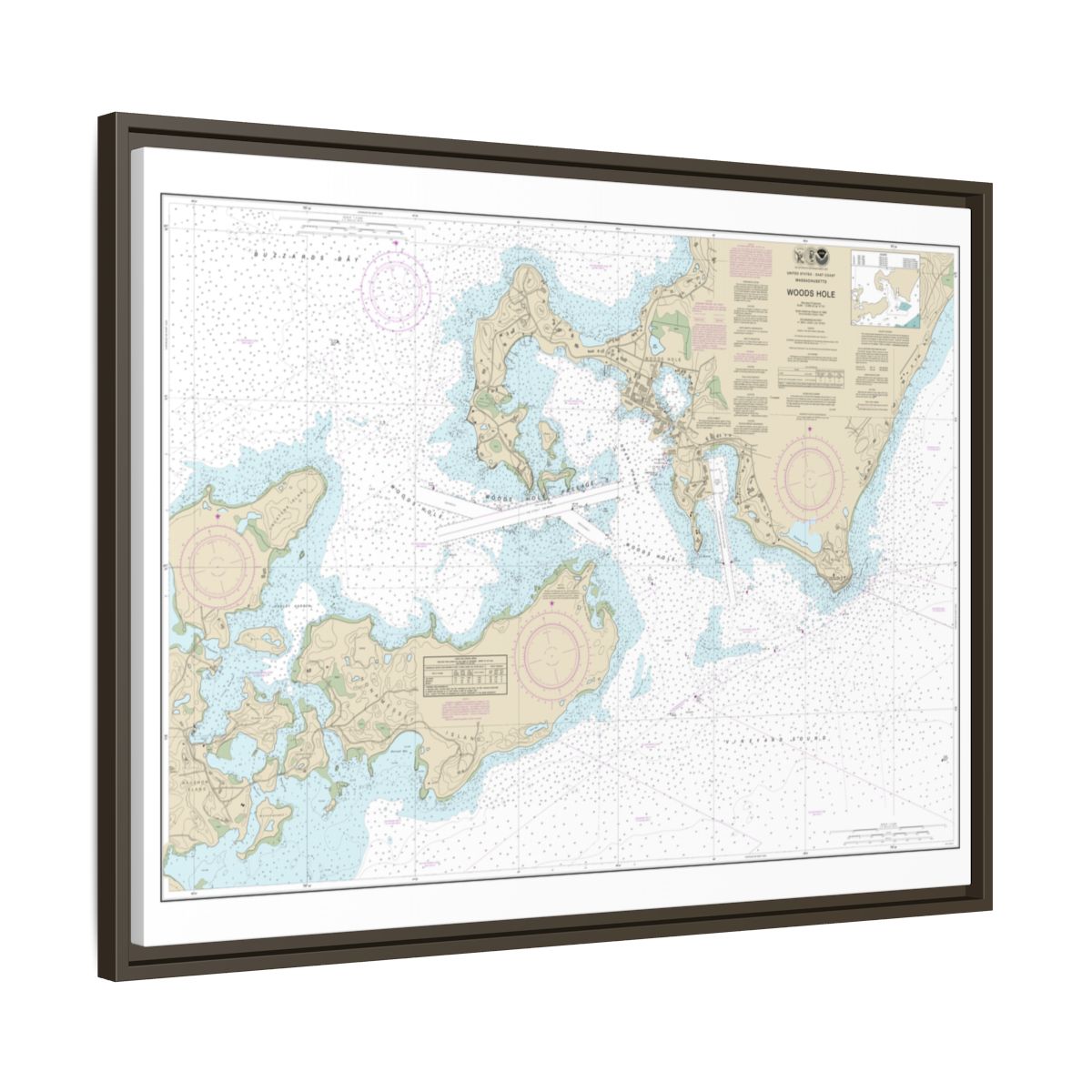 Chart 13235 Woods Hole - NOAA Nautical Chart Floating Frame Canvas | 32" x 24" | 40" x 30" - Espresso side