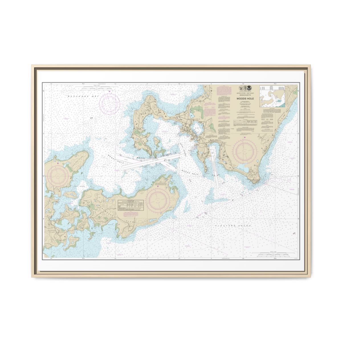Chart 13235 Woods Hole - NOAA Nautical Chart Floating Frame Canvas | 32" x 24" | 40" x 30" - Natural front