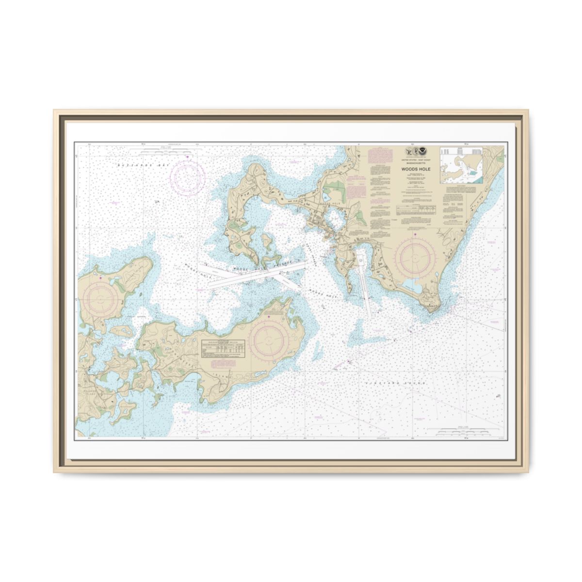 Chart 13235 Woods Hole - NOAA Nautical Chart Floating Frame Canvas | 32" x 24" | 40" x 30" - Natural front