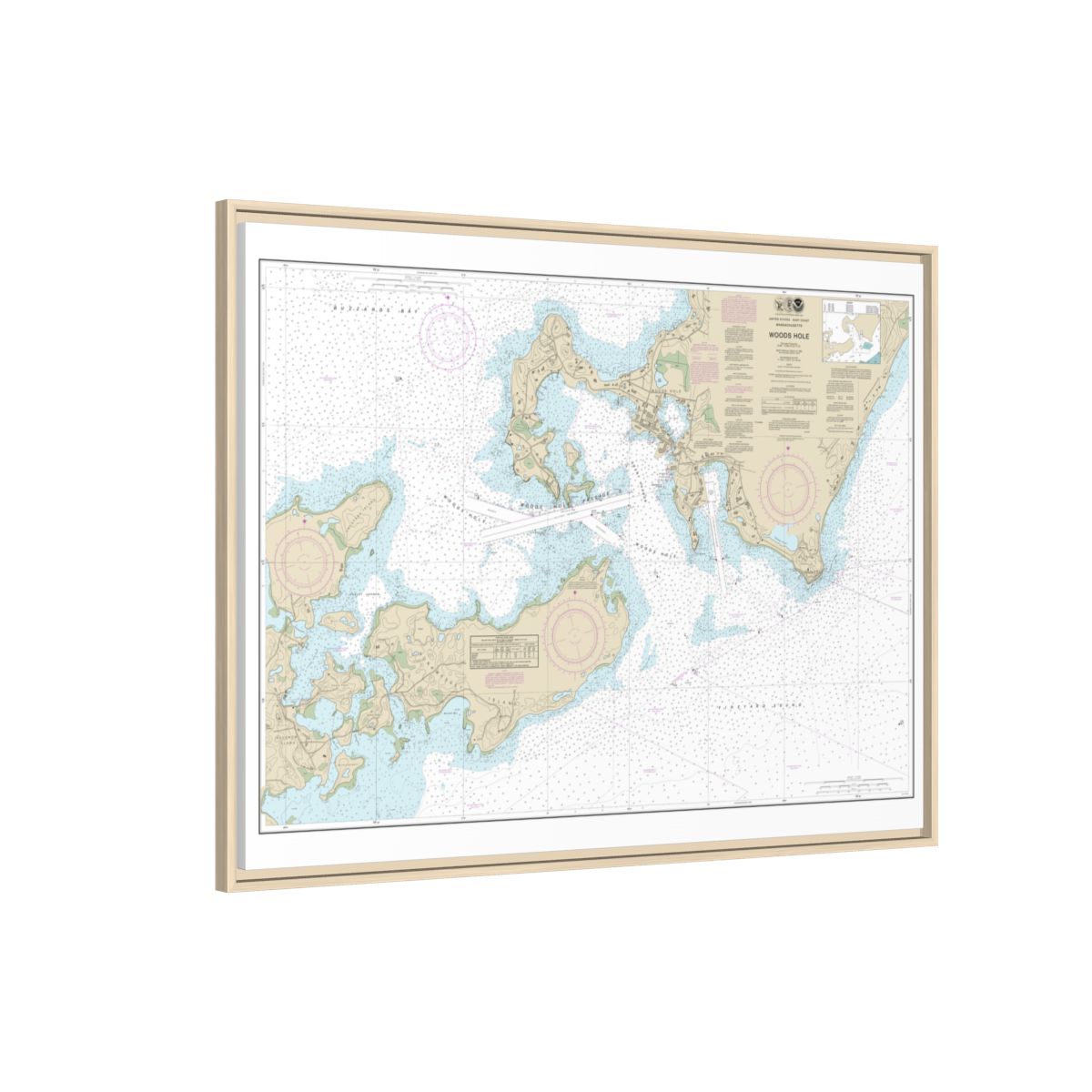 Chart 13235 Woods Hole - NOAA Nautical Chart Floating Frame Canvas | 32" x 24" | 40" x 30" - Natural side