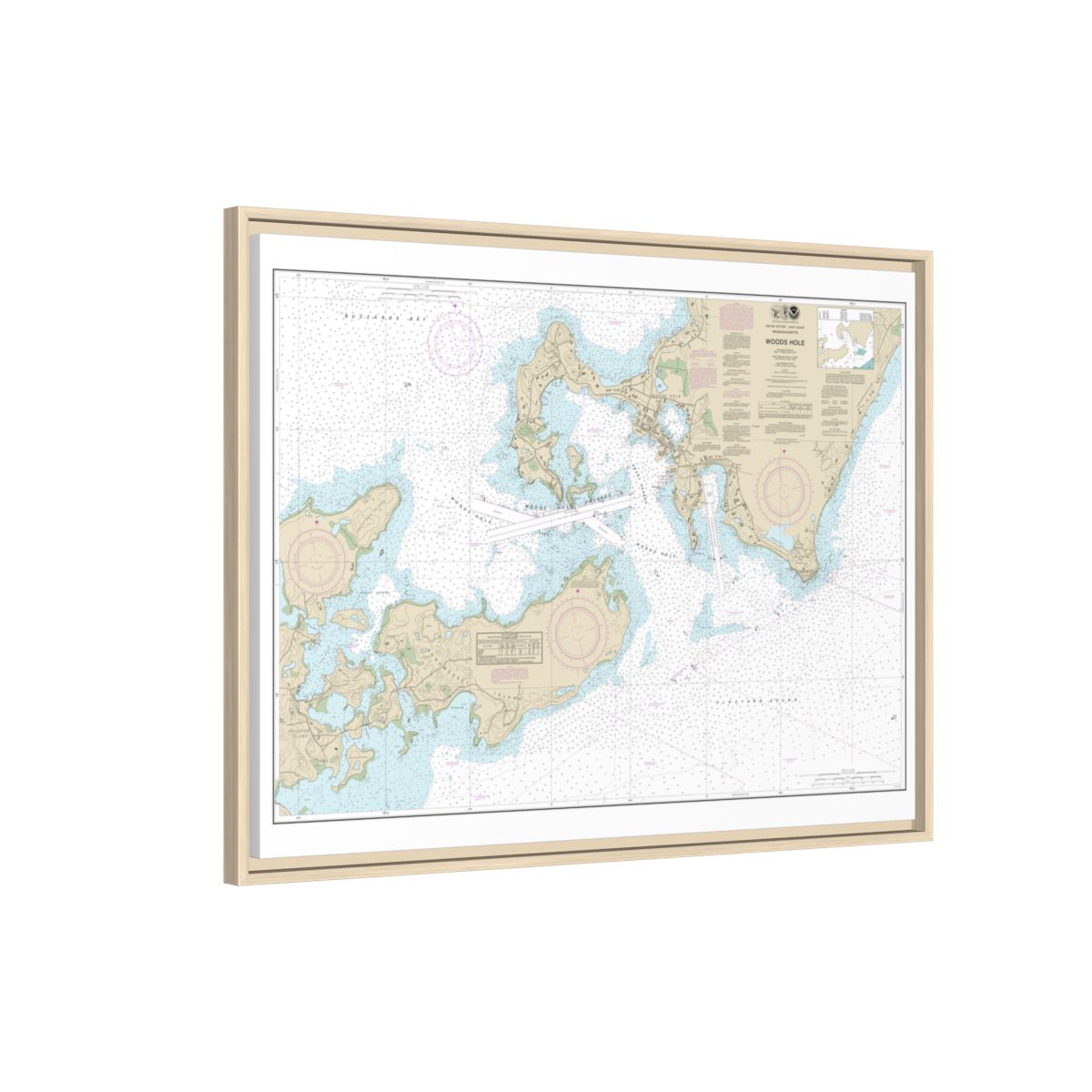 Chart 13235 Woods Hole - NOAA Nautical Chart Floating Frame Canvas | 32" x 24" | 40" x 30" - Natural side