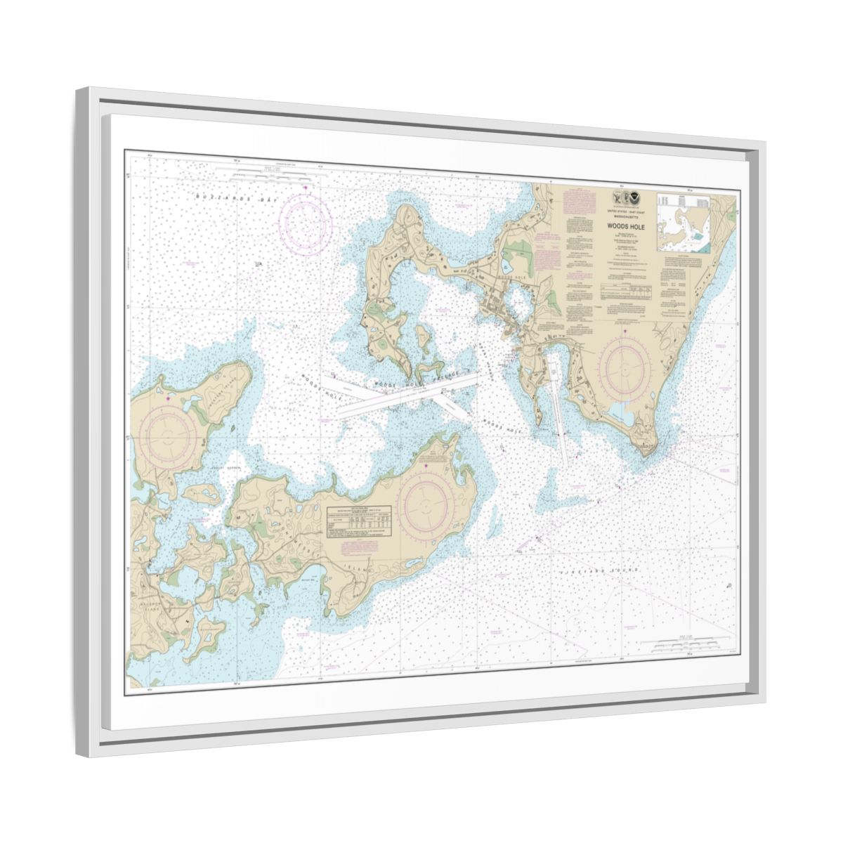 Chart 13235 Woods Hole - NOAA Nautical Chart Floating Frame Canvas | 32" x 24" | 40" x 30" - White side