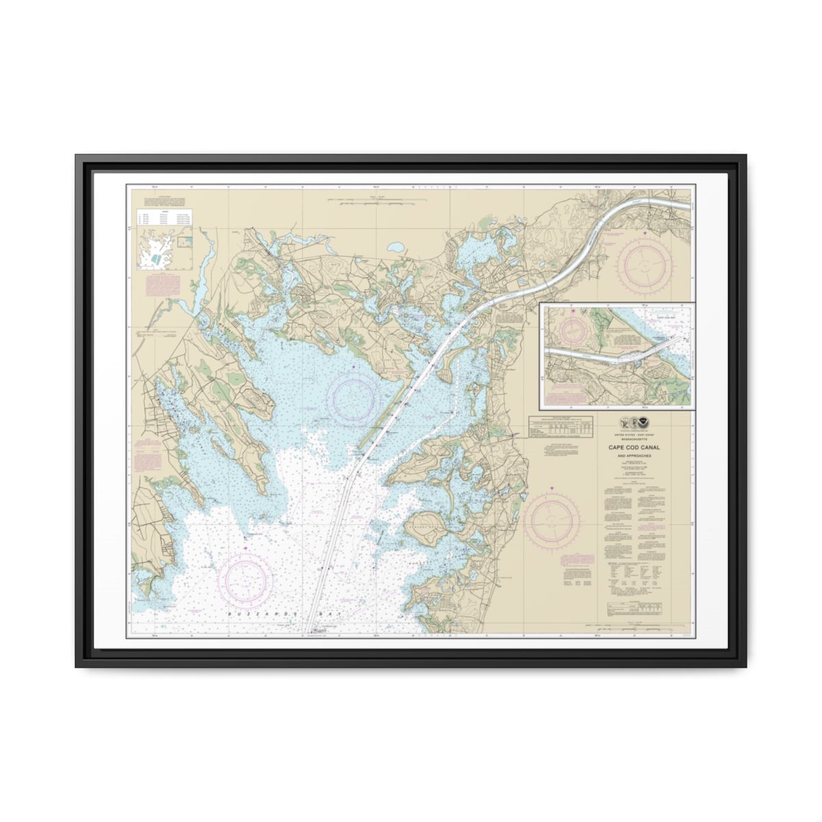 Chart 13236 Cape Cod Canal and Approaches - NOAA Nautical Chart Floating Frame Canvas | 32" x 24" | 40" x 30" - Black front