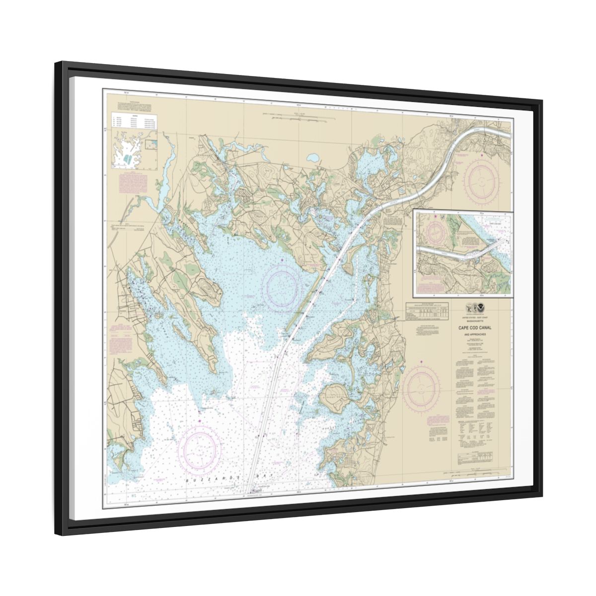 Chart 13236 Cape Cod Canal and Approaches - NOAA Nautical Chart Floating Frame Canvas | 32" x 24" | 40" x 30" - Black side