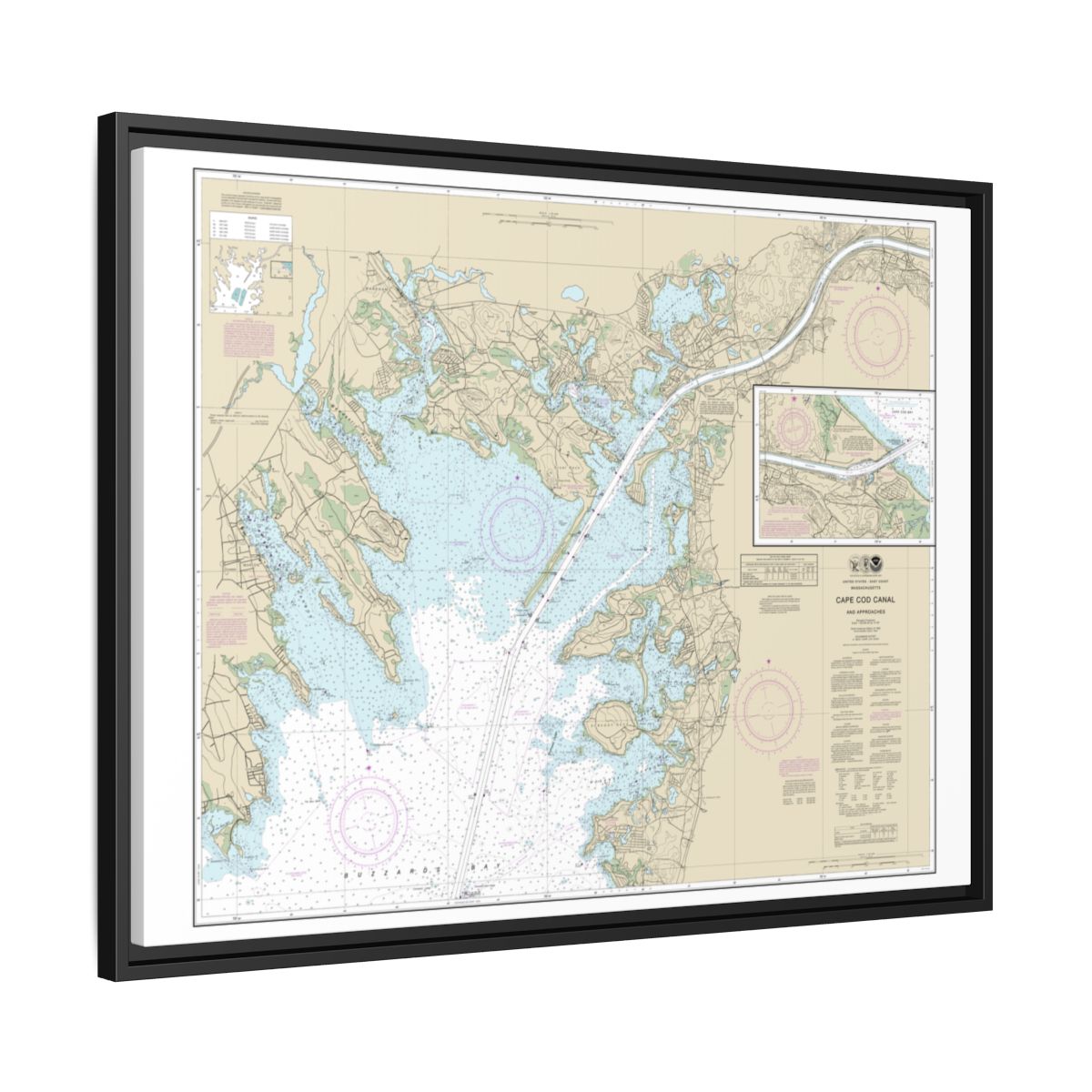 Chart 13236 Cape Cod Canal and Approaches - NOAA Nautical Chart Floating Frame Canvas | 32" x 24" | 40" x 30" - Black side