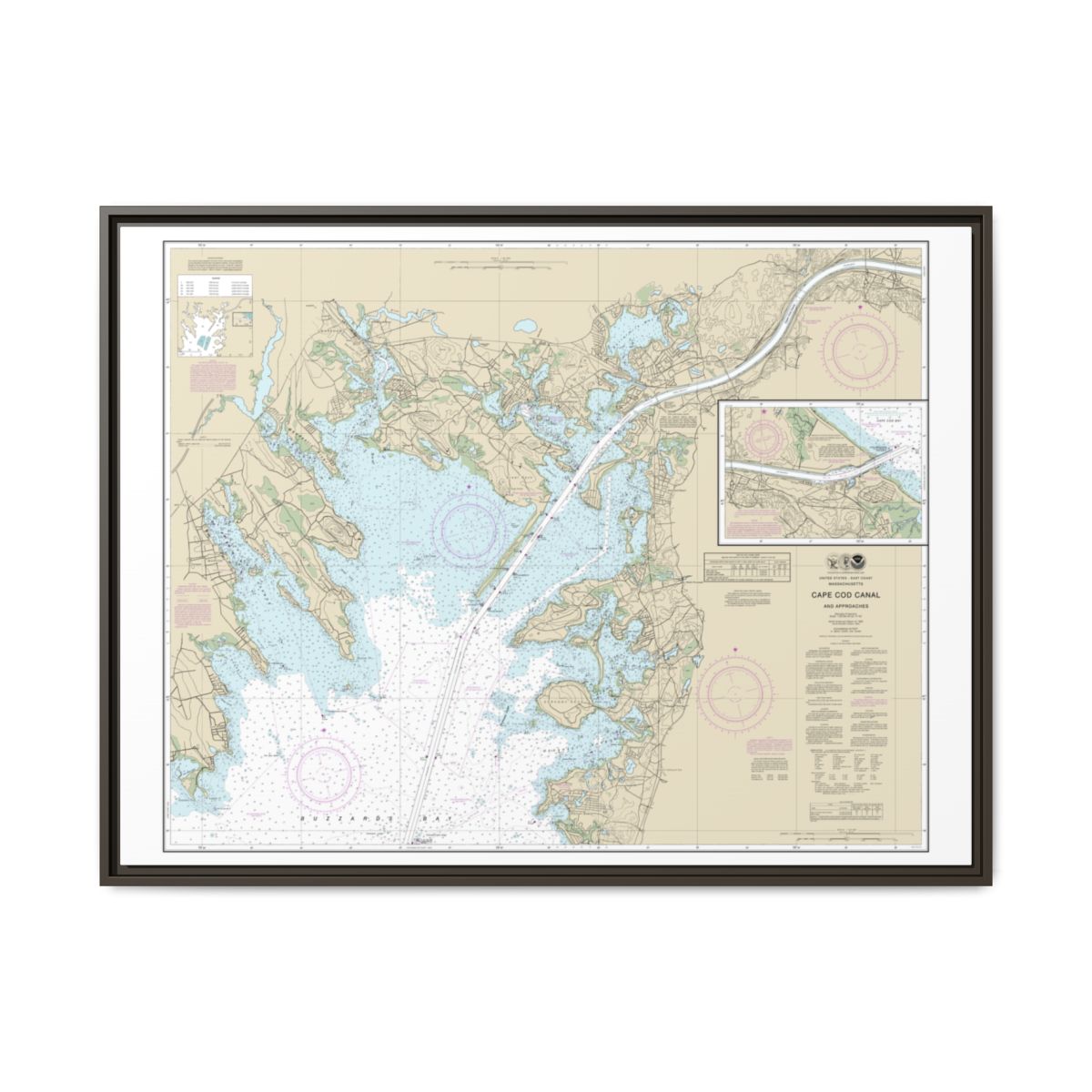 Chart 13236 Cape Cod Canal and Approaches - NOAA Nautical Chart Floating Frame Canvas | 32" x 24" | 40" x 30" - Espresso front