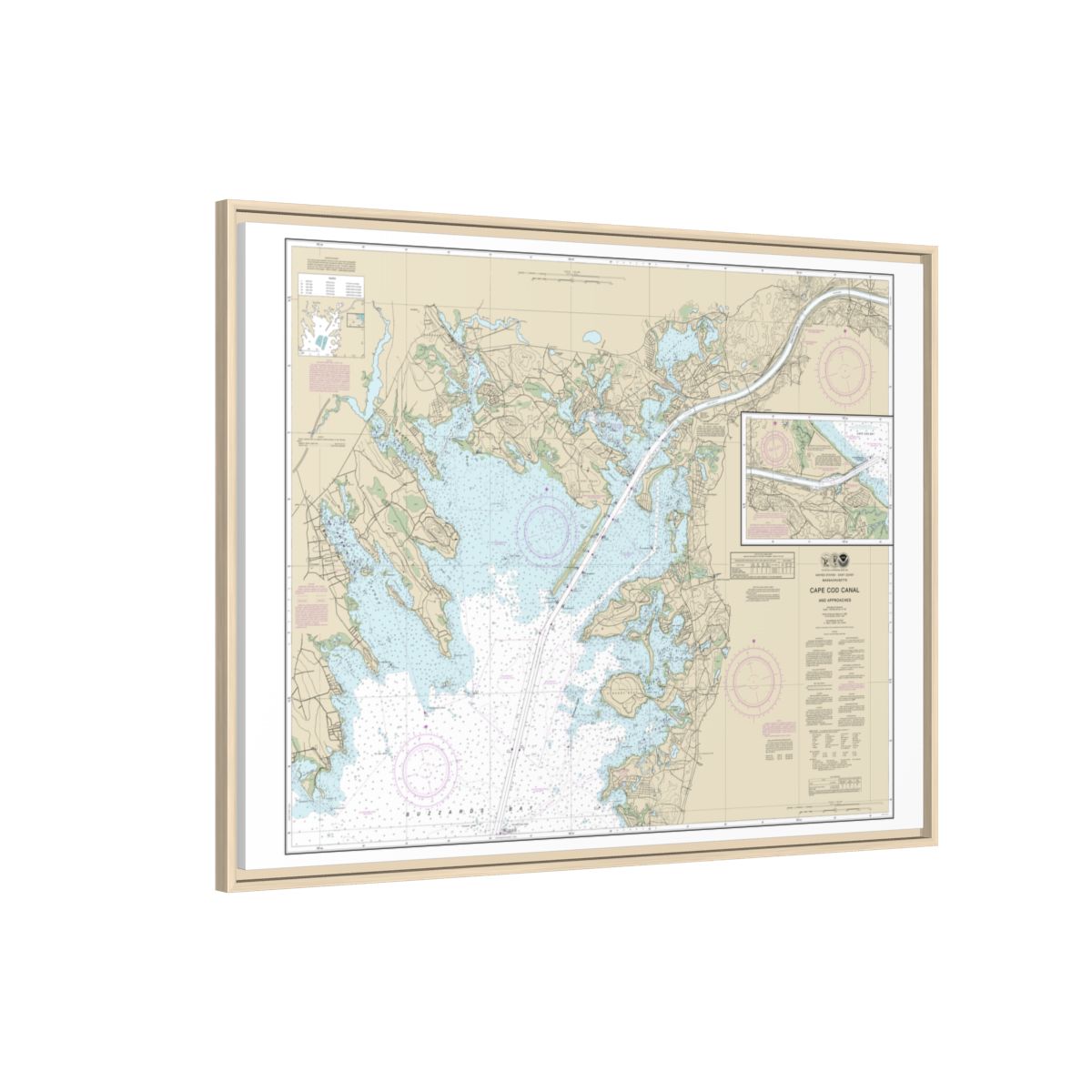 Chart 13236 Cape Cod Canal and Approaches - NOAA Nautical Chart Floating Frame Canvas | 32" x 24" | 40" x 30" - Natural side