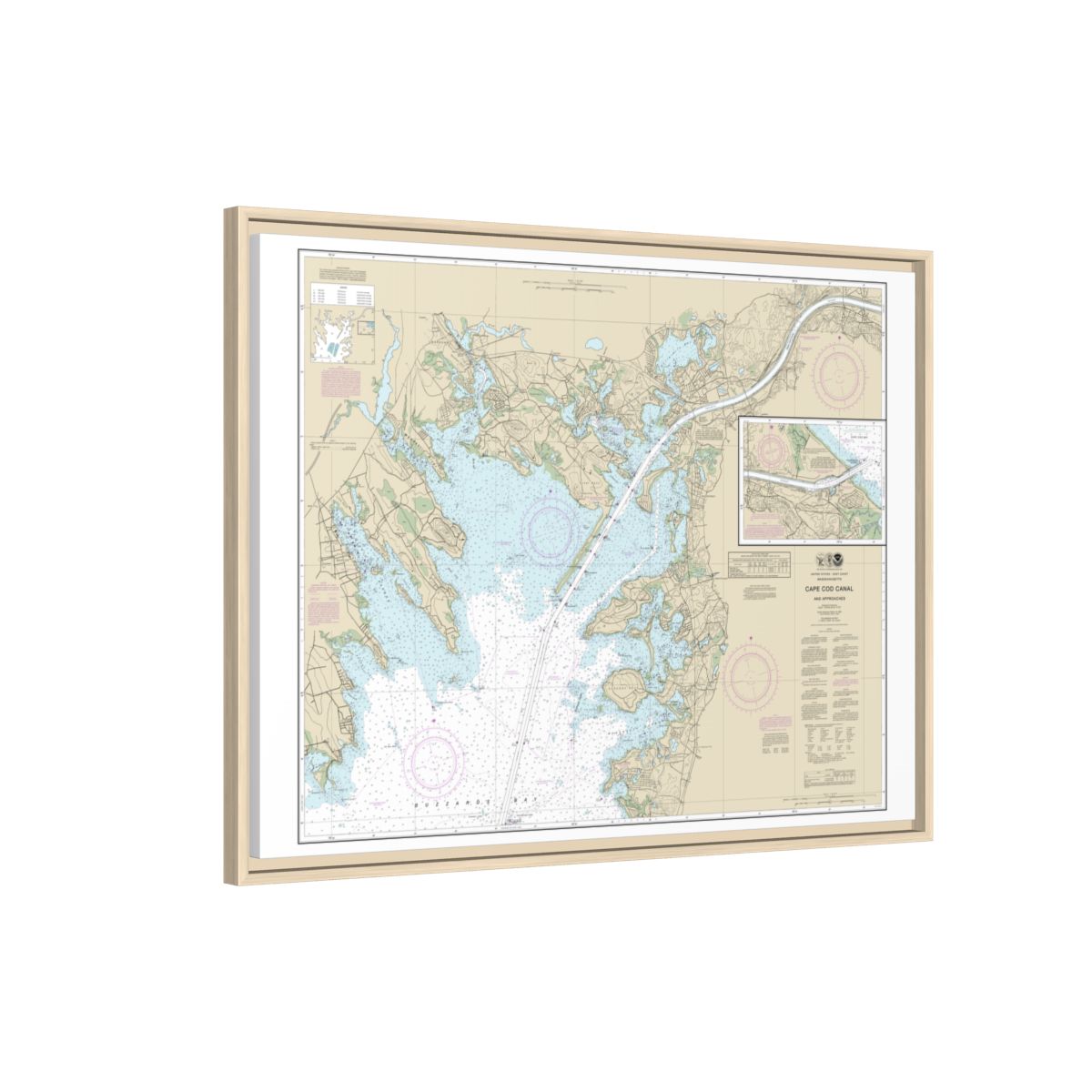 Chart 13236 Cape Cod Canal and Approaches - NOAA Nautical Chart Floating Frame Canvas | 32" x 24" | 40" x 30" - Natural side