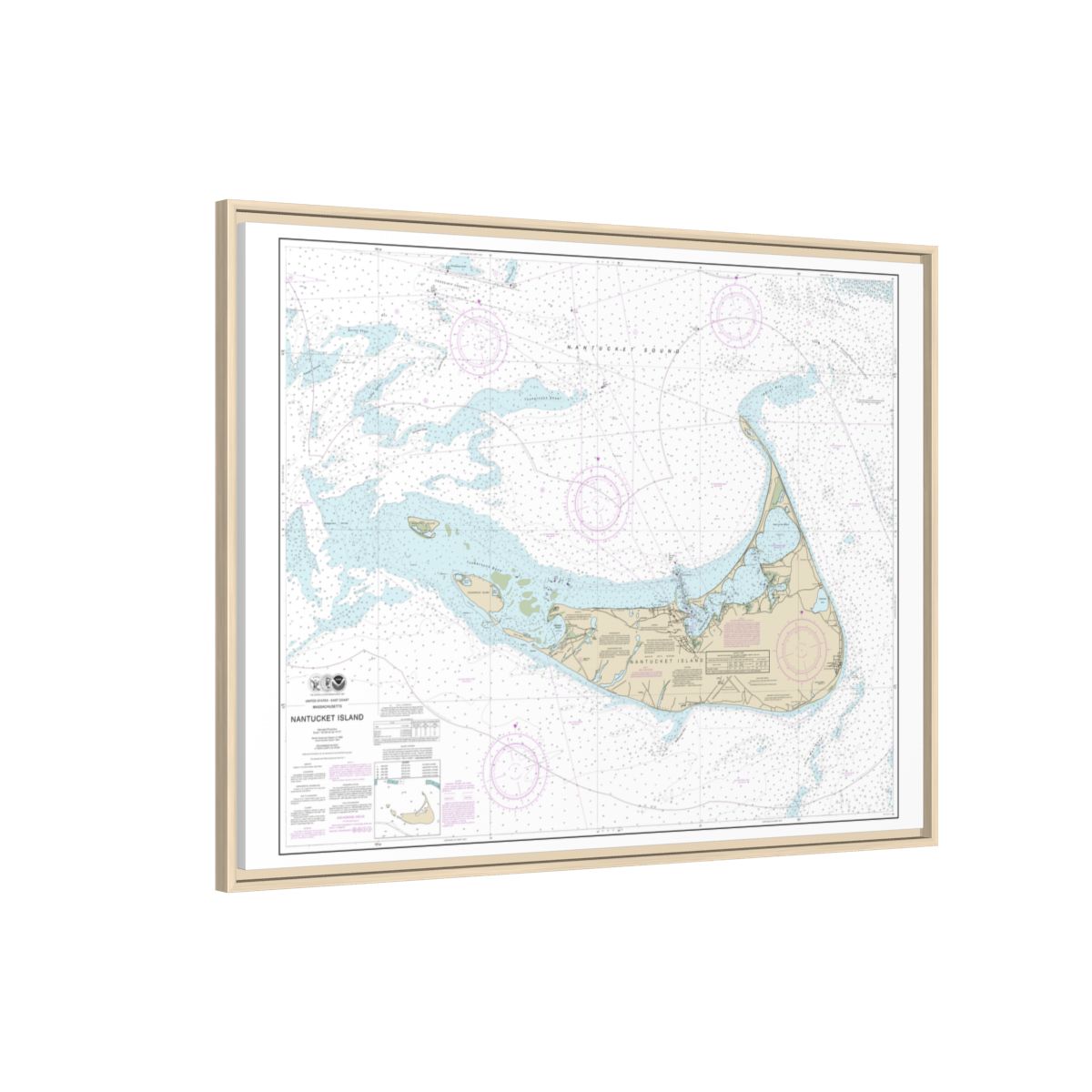 Chart 13241 Nantucket Island - NOAA Nautical Chart Floating Frame Canvas | 32" x 24" | 40" x 30" - Natural side