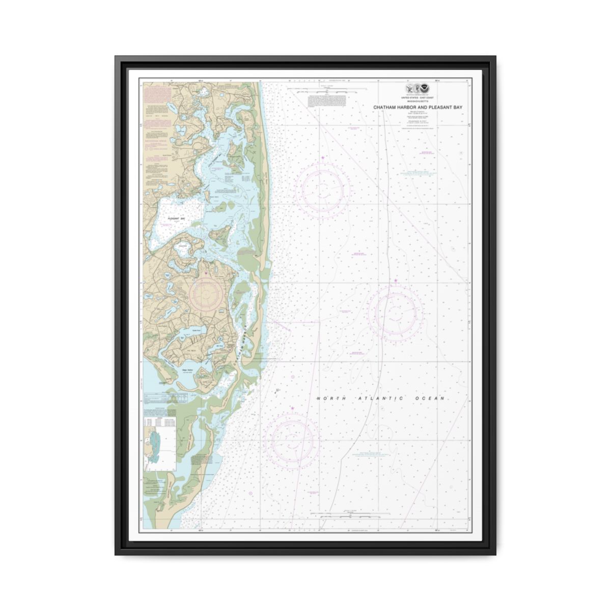Chart 13248 Chatham Harbor and Pleasant Bay - NOAA Nautical Chart Floating Frame Canvas | 24" x 32" | 30" x 40" - Black front