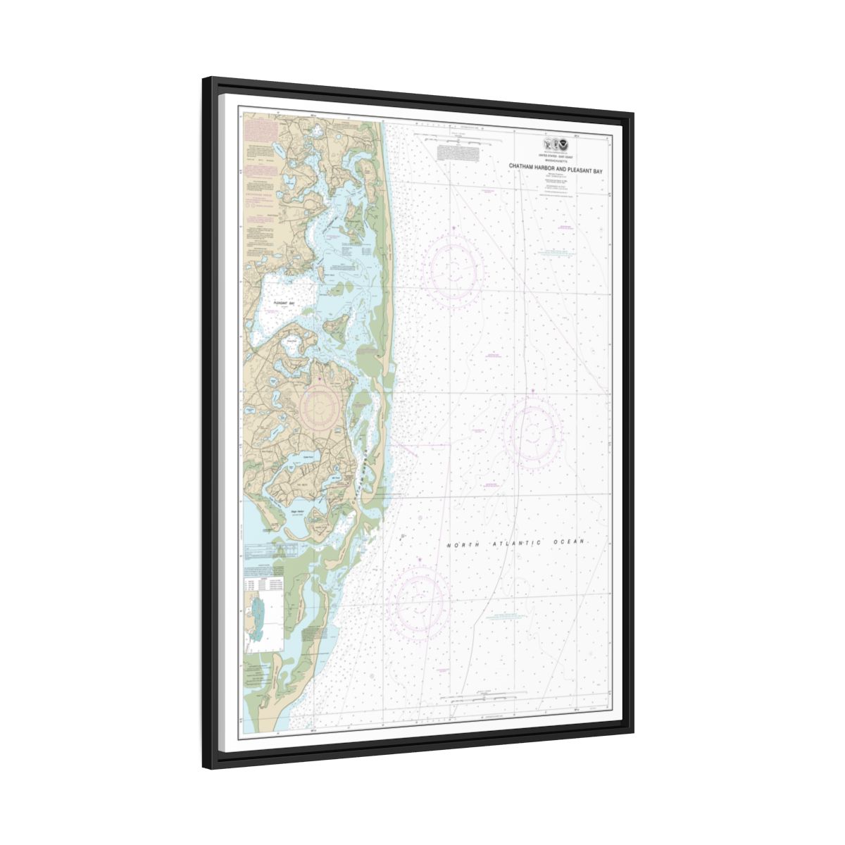 Chart 13248 Chatham Harbor and Pleasant Bay - NOAA Nautical Chart Floating Frame Canvas | 24" x 32" | 30" x 40" - Black side