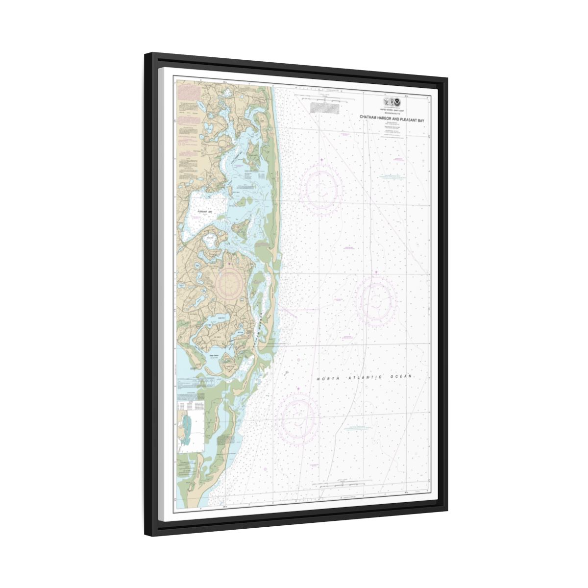 Chart 13248 Chatham Harbor and Pleasant Bay - NOAA Nautical Chart Floating Frame Canvas | 24" x 32" | 30" x 40" - Black side