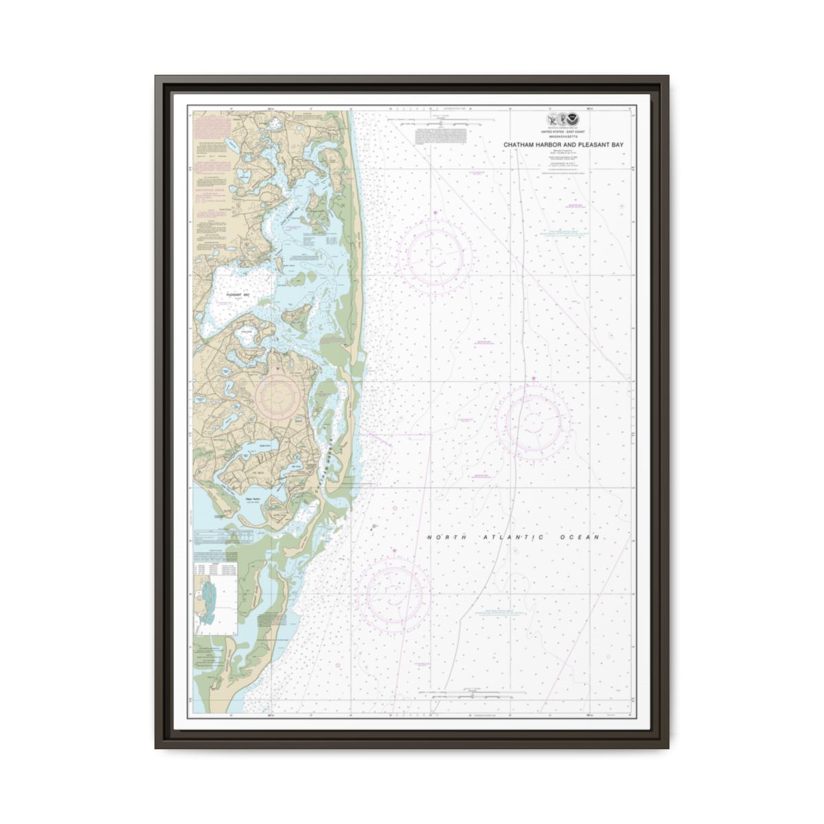 Chart 13248 Chatham Harbor and Pleasant Bay - NOAA Nautical Chart Floating Frame Canvas | 24" x 32" | 30" x 40" - Espresso front