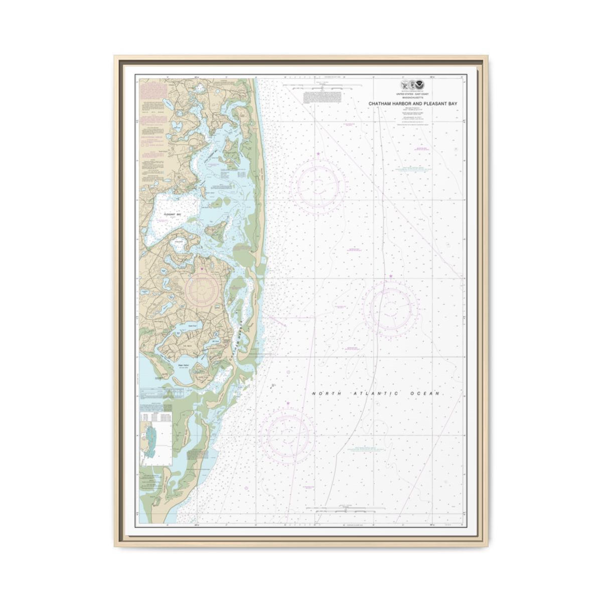 Chart 13248 Chatham Harbor and Pleasant Bay - NOAA Nautical Chart Floating Frame Canvas | 24" x 32" | 30" x 40" - Natural front