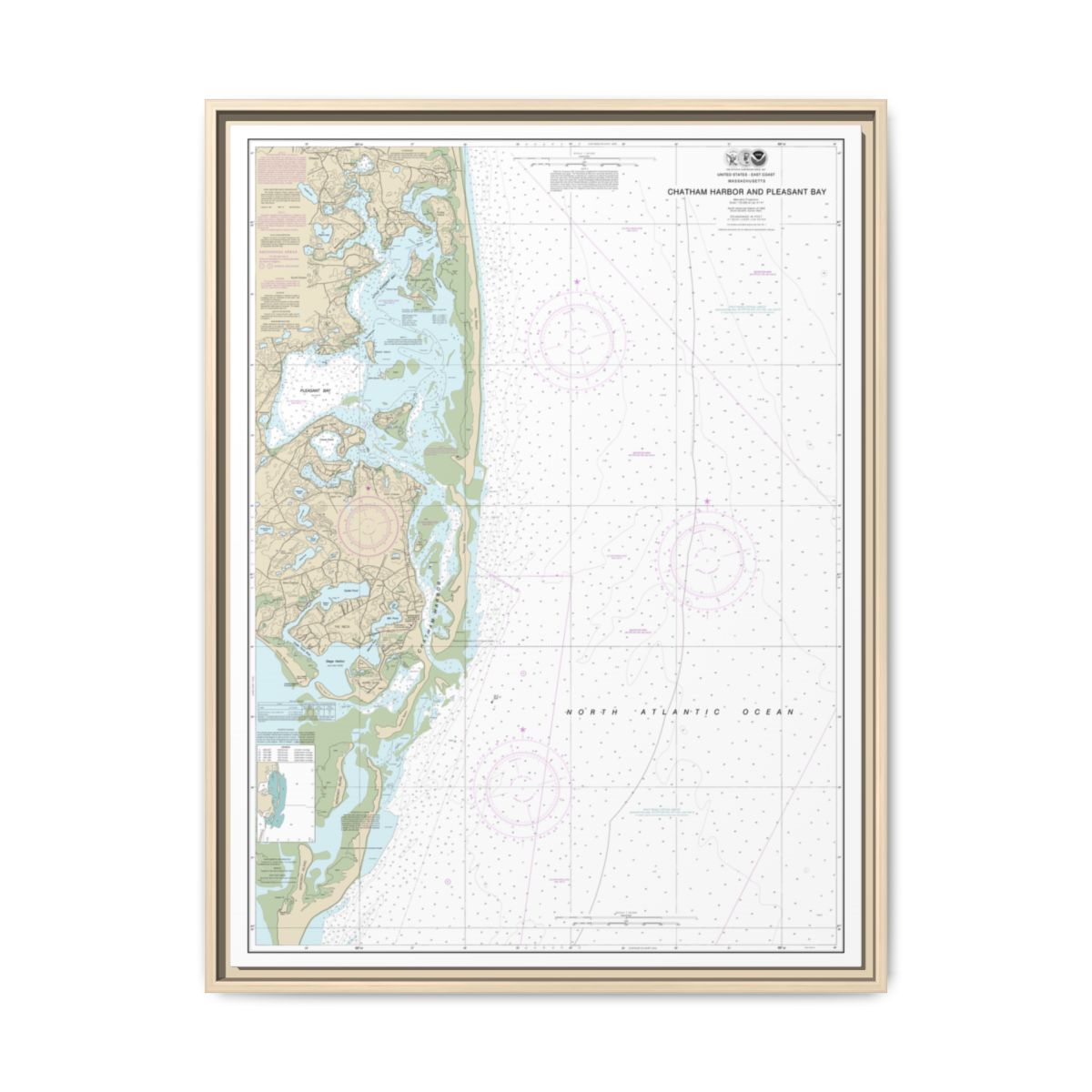 Chart 13248 Chatham Harbor and Pleasant Bay - NOAA Nautical Chart Floating Frame Canvas | 24" x 32" | 30" x 40" - Natural front