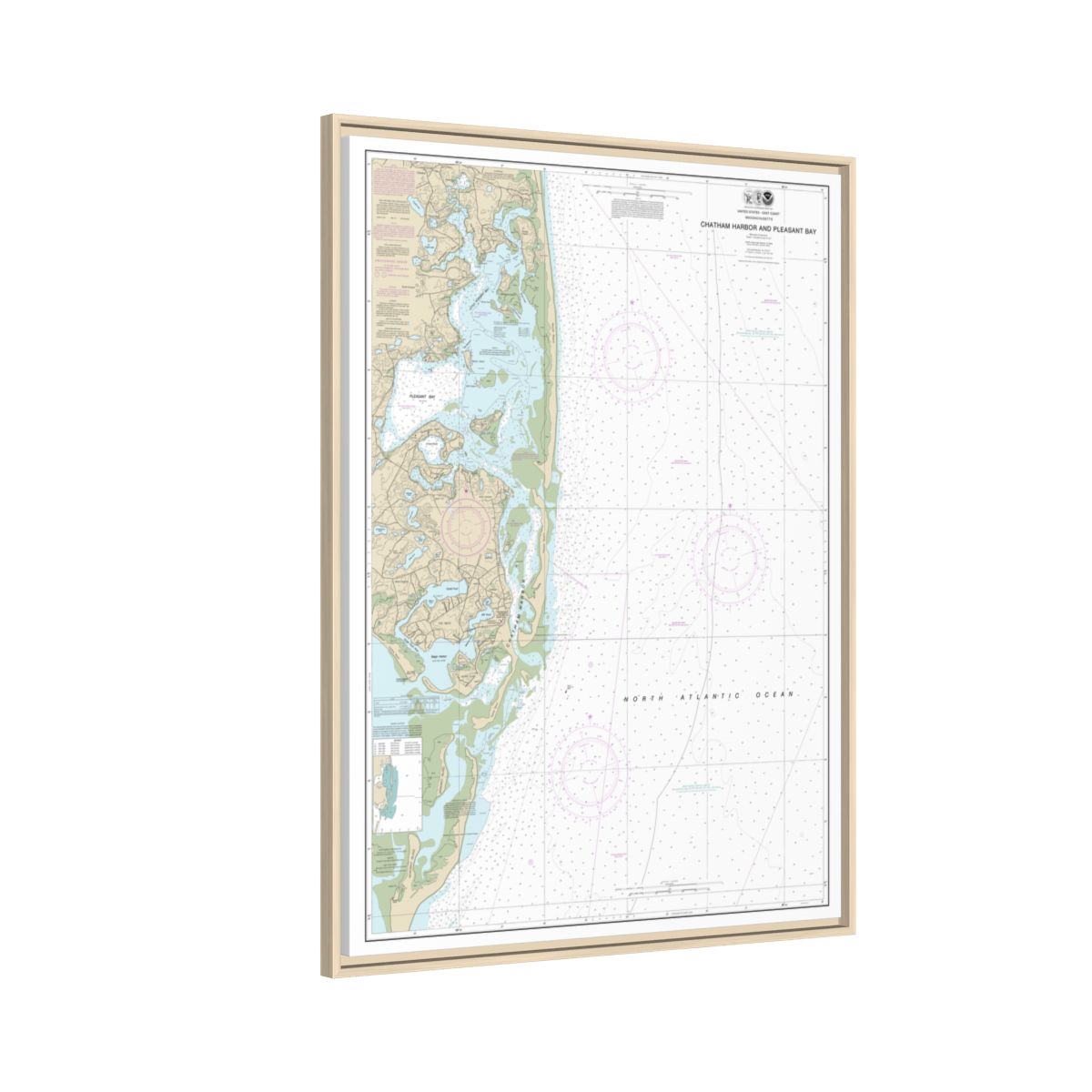 Chart 13248 Chatham Harbor and Pleasant Bay - NOAA Nautical Chart Floating Frame Canvas | 24" x 32" | 30" x 40" - Natural side