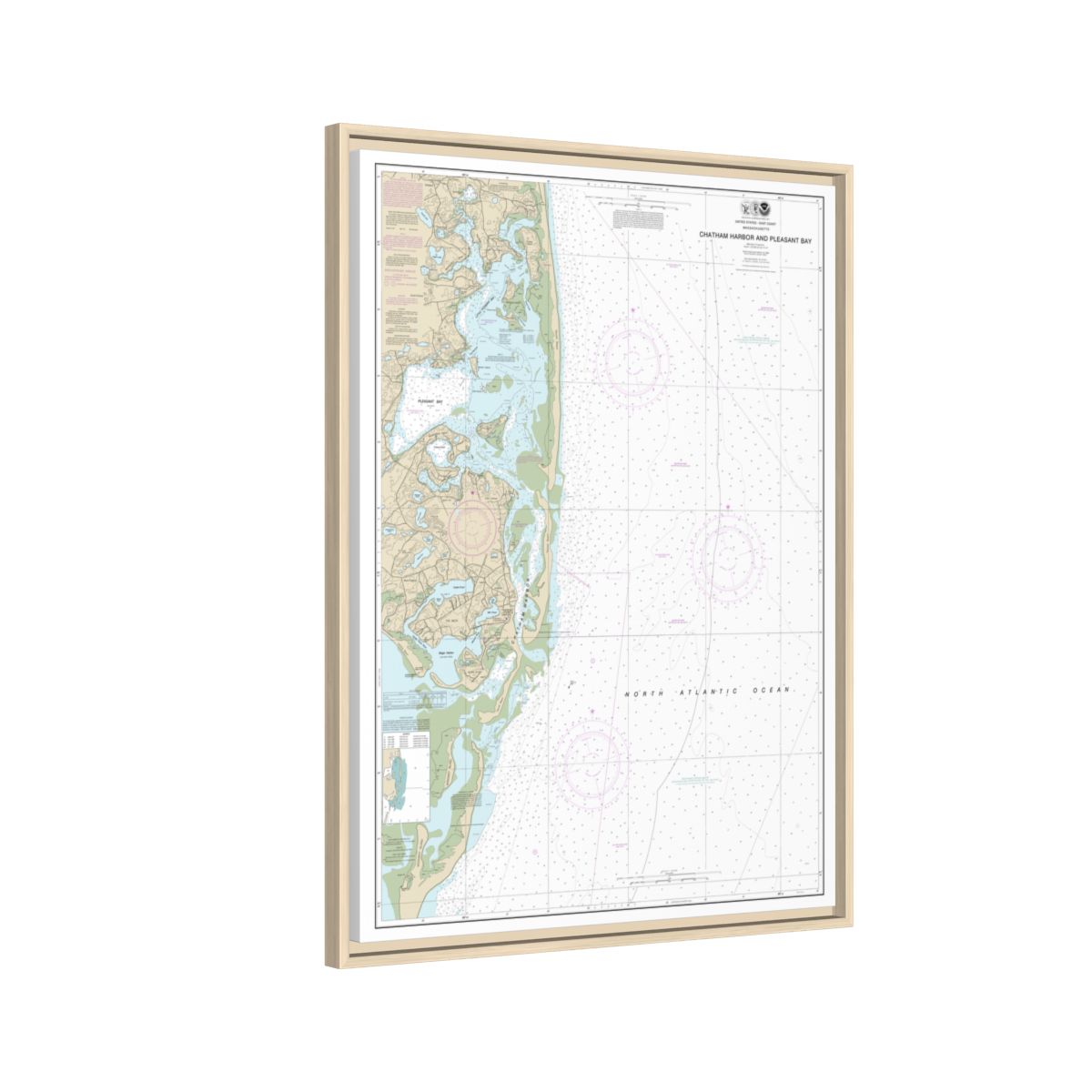 Chart 13248 Chatham Harbor and Pleasant Bay - NOAA Nautical Chart Floating Frame Canvas | 24" x 32" | 30" x 40" - Natural side