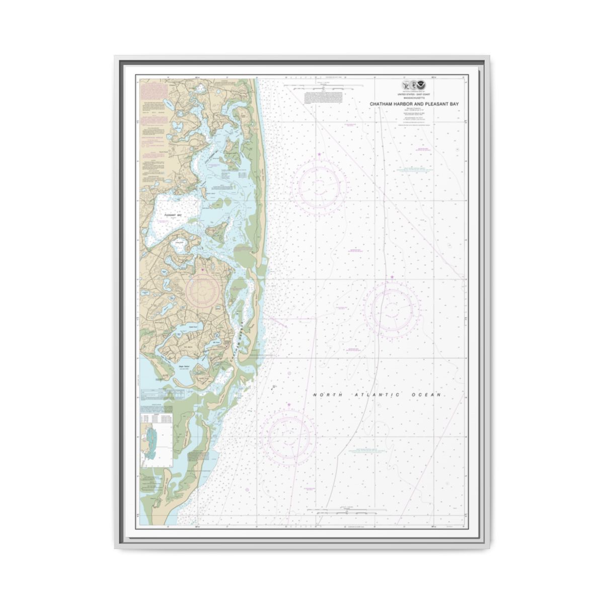 Chart 13248 Chatham Harbor and Pleasant Bay - NOAA Nautical Chart Floating Frame Canvas | 24" x 32" | 30" x 40" - White front