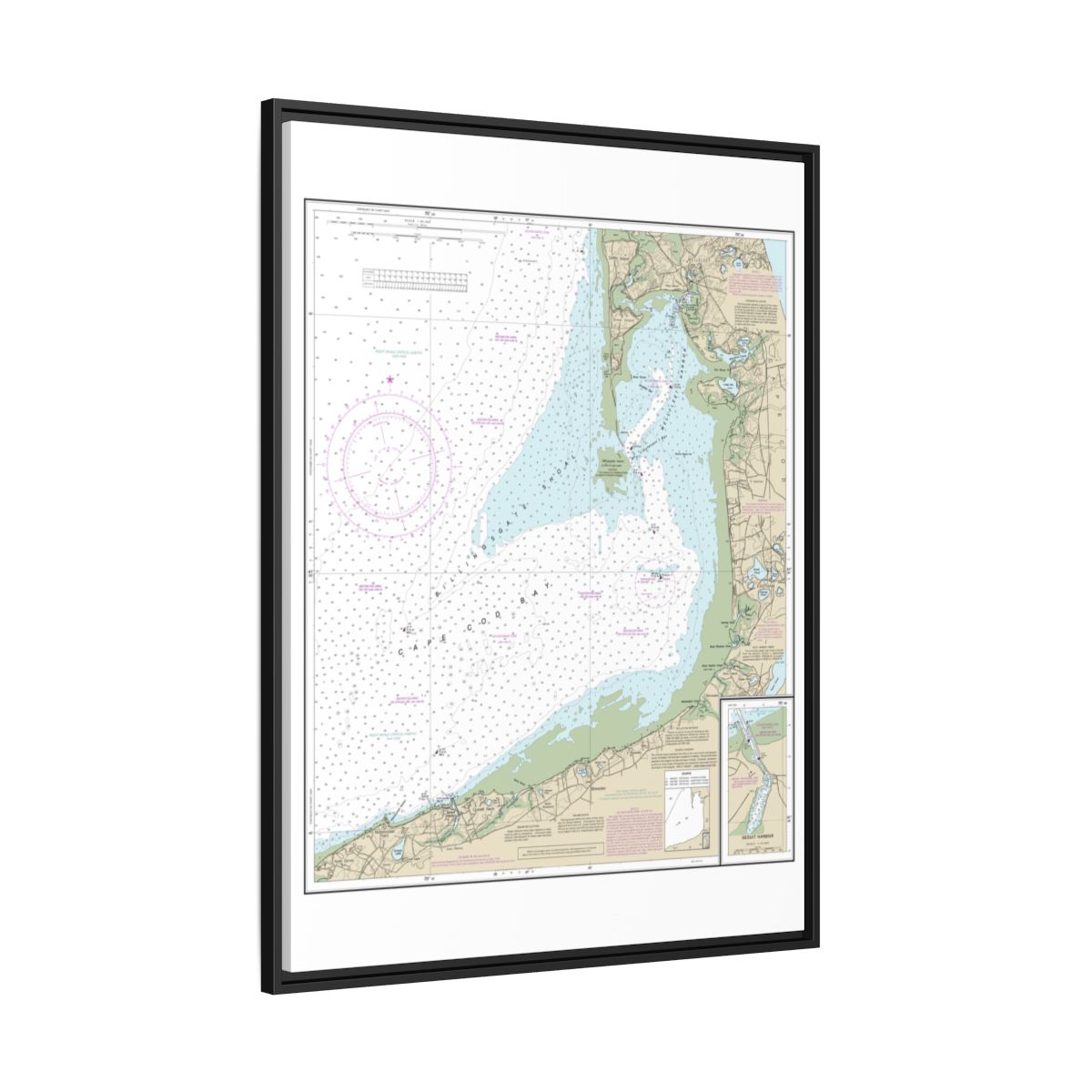 Chart 13250 Wellfleet Harbor; Sesuit Harbor - NOAA Nautical Chart Floating Frame Canvas | 24" x 32" | 30" x 40" - Black side