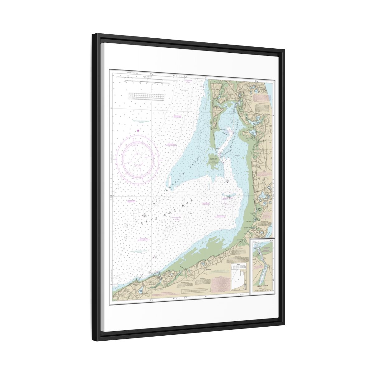 Chart 13250 Wellfleet Harbor; Sesuit Harbor - NOAA Nautical Chart Floating Frame Canvas | 24" x 32" | 30" x 40" - Black side
