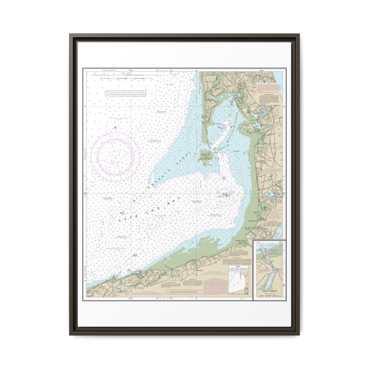 Chart 13250 Wellfleet Harbor; Sesuit Harbor - NOAA Nautical Chart Floating Frame Canvas | 24" x 32" | 30" x 40" - Espresso front