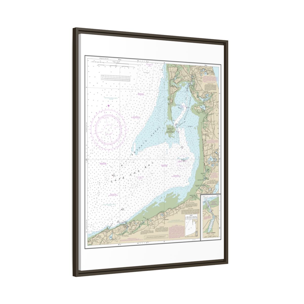 Chart 13250 Wellfleet Harbor; Sesuit Harbor - NOAA Nautical Chart Floating Frame Canvas | 24" x 32" | 30" x 40" - Espresso side