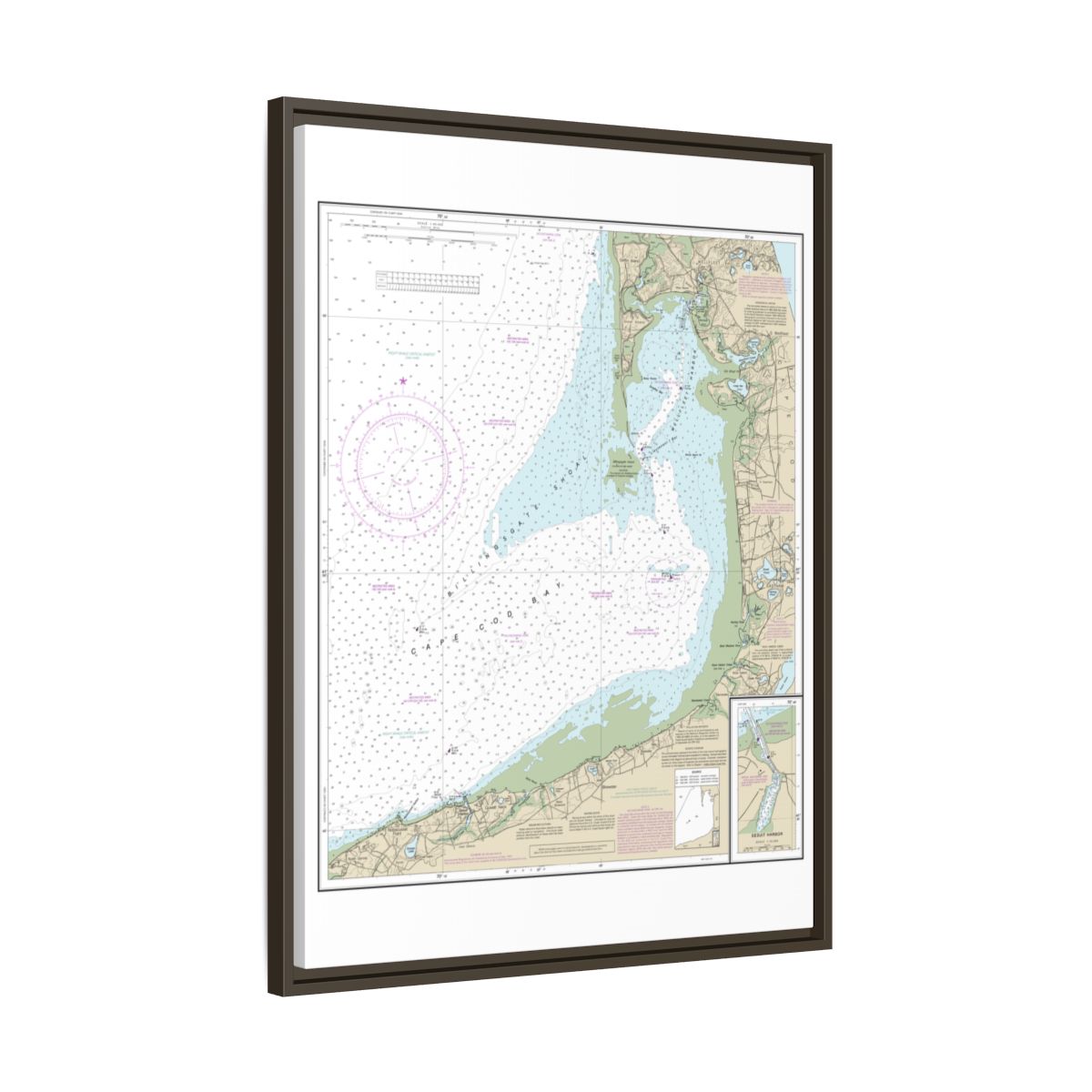 Chart 13250 Wellfleet Harbor; Sesuit Harbor - NOAA Nautical Chart Floating Frame Canvas | 24" x 32" | 30" x 40" - Espresso side