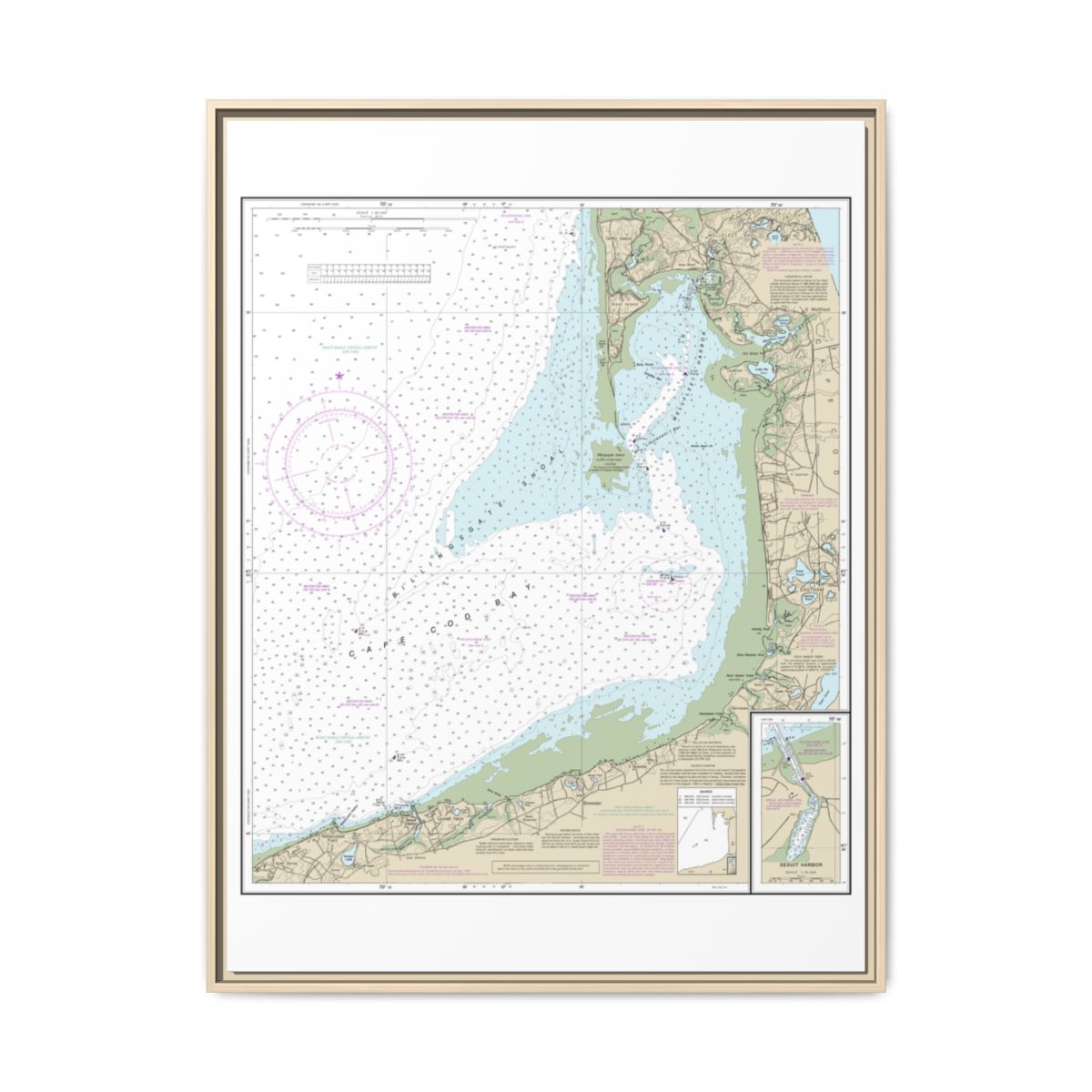 Chart 13250 Wellfleet Harbor; Sesuit Harbor - NOAA Nautical Chart Floating Frame Canvas | 24" x 32" | 30" x 40" - Natural front