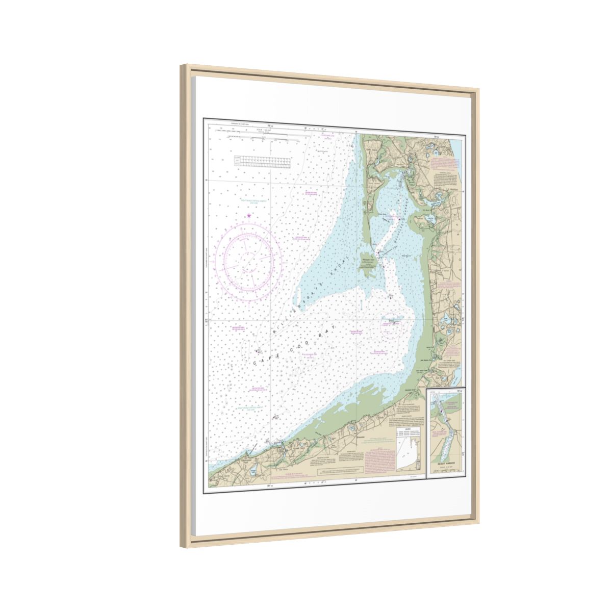 Chart 13250 Wellfleet Harbor; Sesuit Harbor - NOAA Nautical Chart Floating Frame Canvas | 24" x 32" | 30" x 40" - Natural side